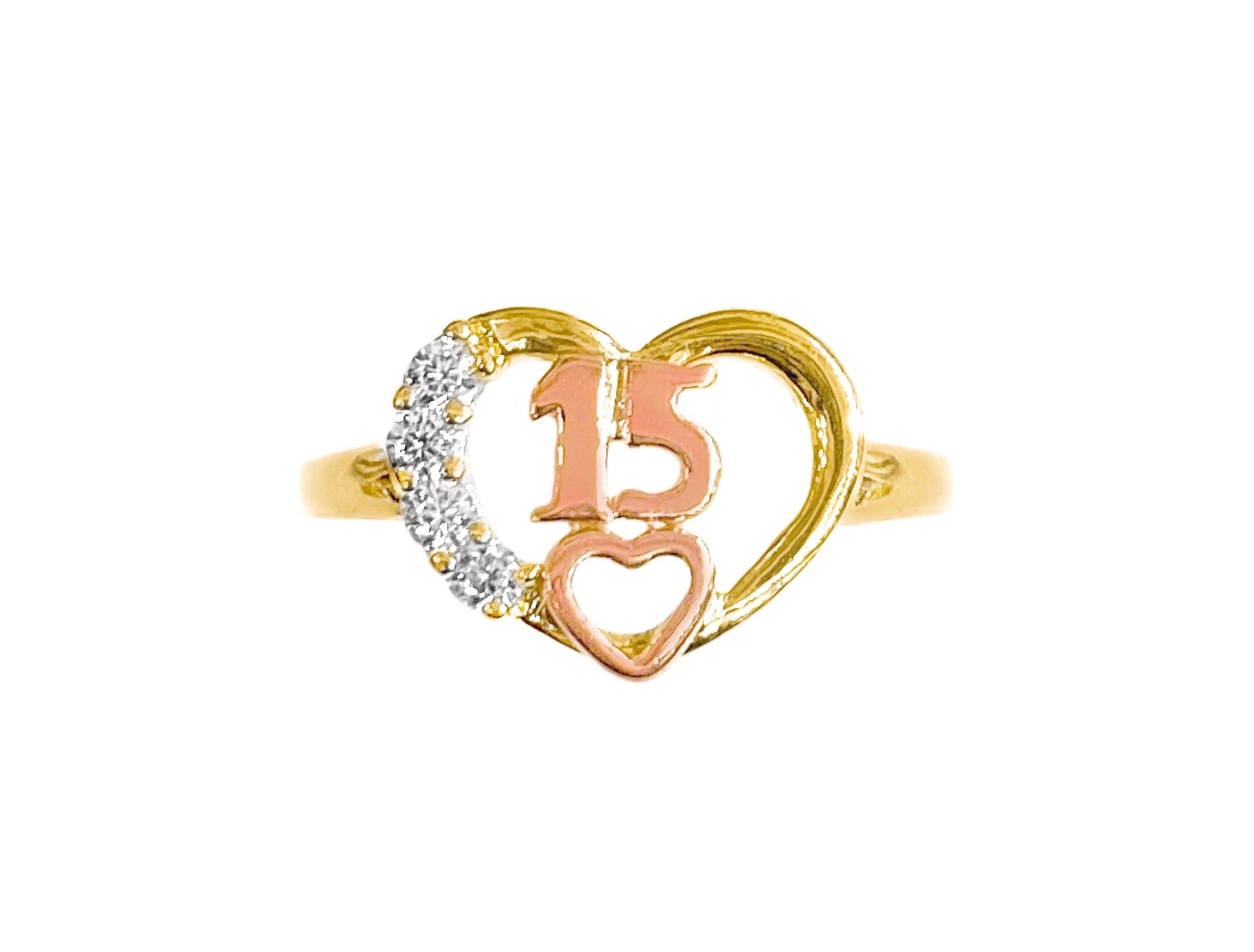 14K YELLOW GOLD DOUBLE HEART CZ 15 RING