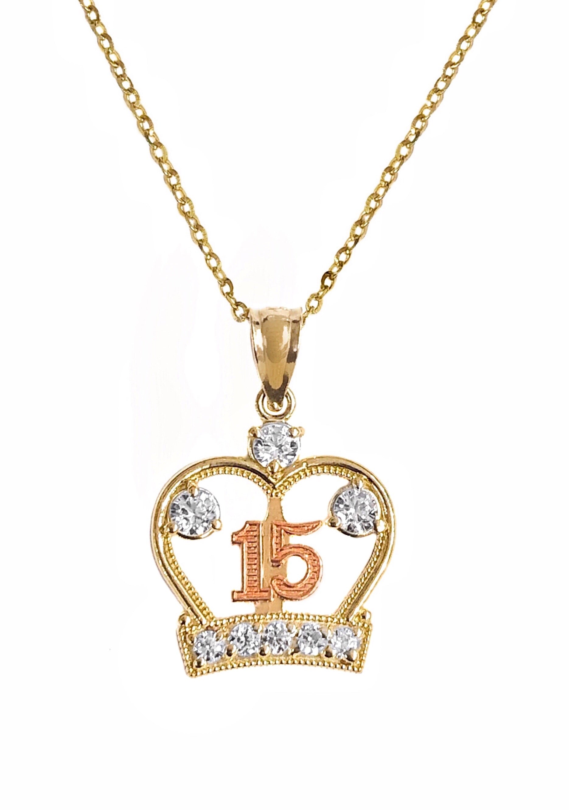 14K Gold Quinceanera Round Pendant with 2mm Figaro 3+1 Chain – Ioka Jewelry