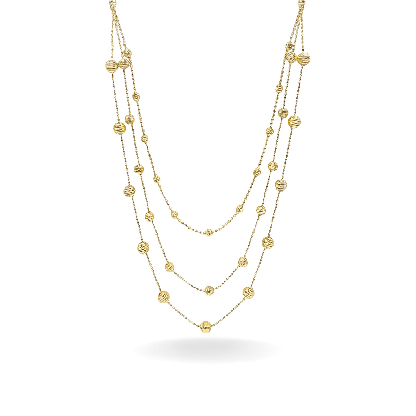 14K YELLOW GOLD TRIPLE LAYERED DISCO BEAD NECKLACE