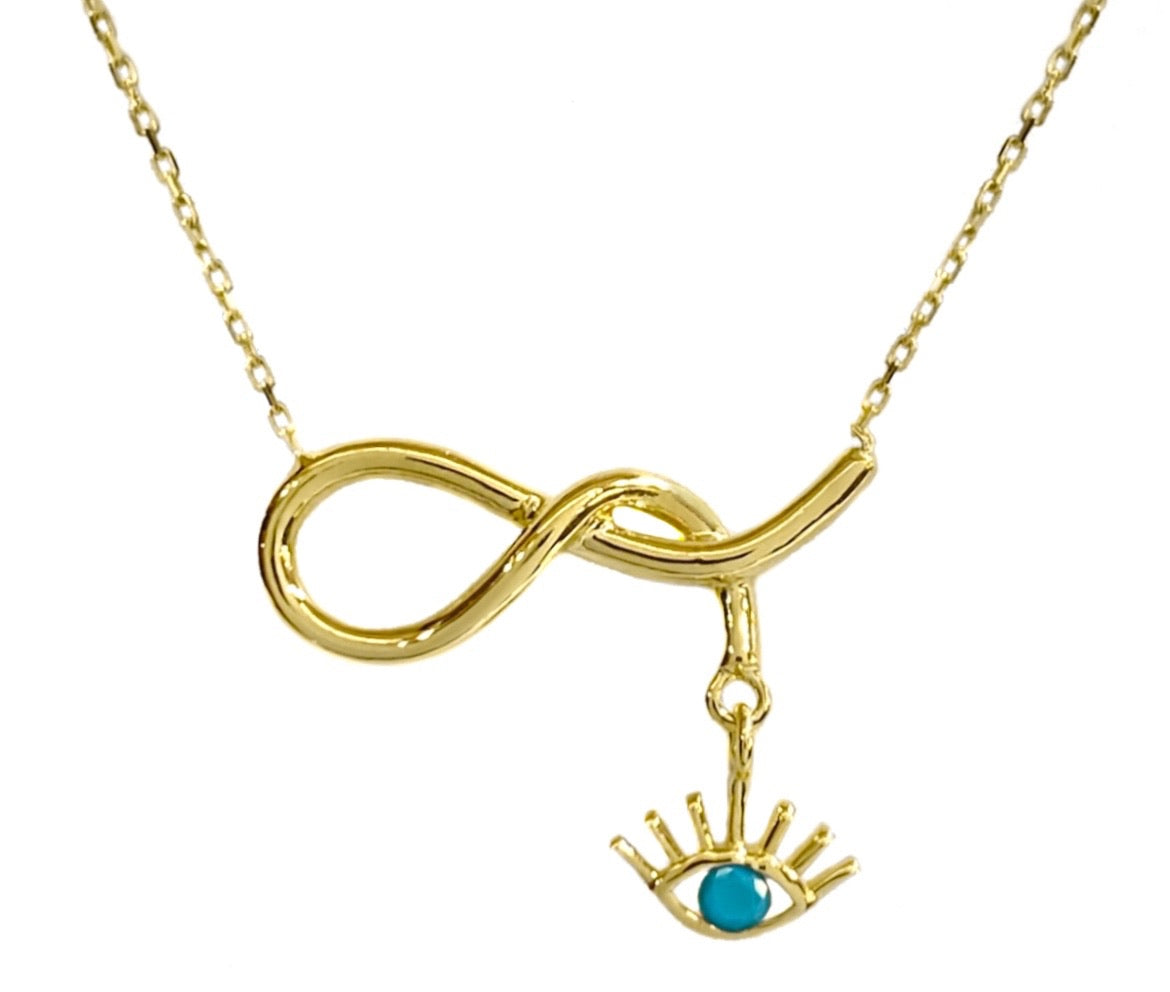 14K YELLOW GOLD INFINITY DANGLING EVIL EYE NECKLACE