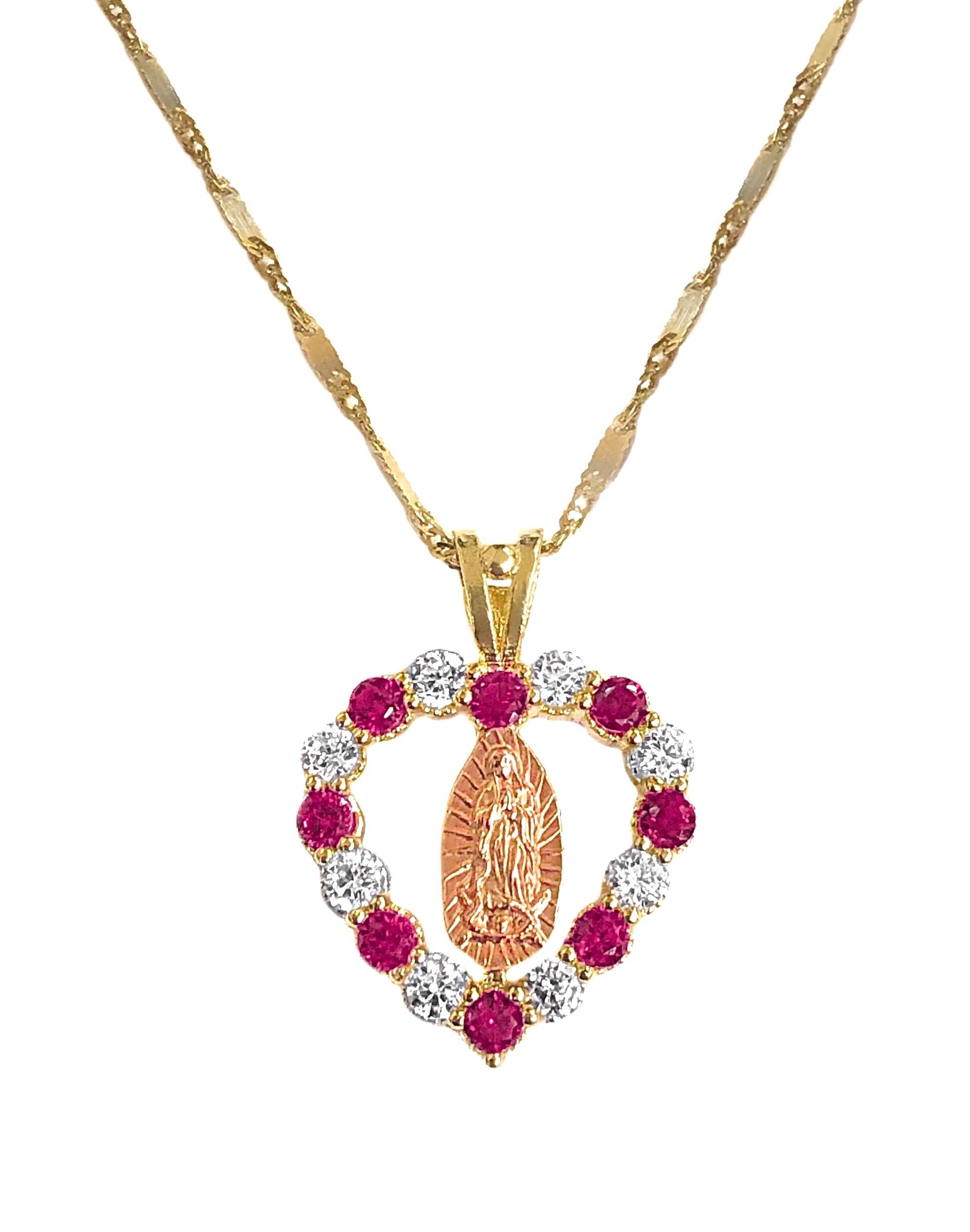 14K YELLOW GOLD HEART BLING VIRGIN MARY NECKLACE
