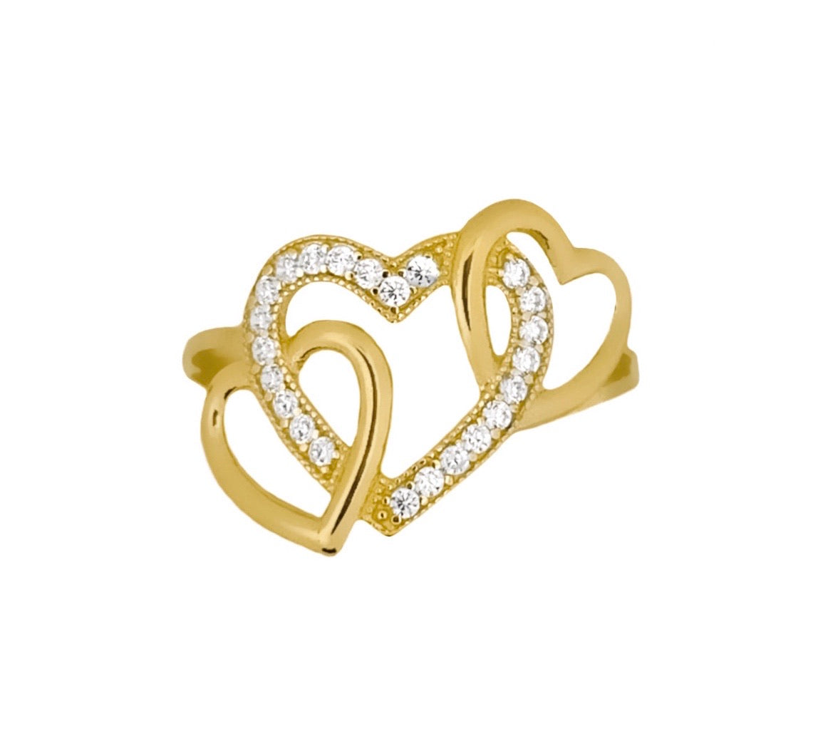 14K YELLOW GOLD PAVE TRIPLE HEART RING