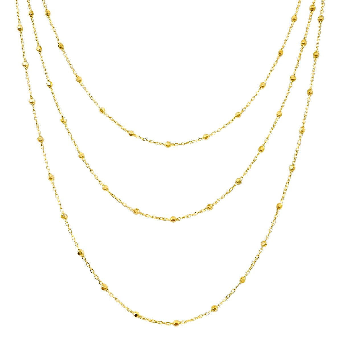 14K YELLOW GOLD TRIPLE LAYERED BEADED NECKLACE