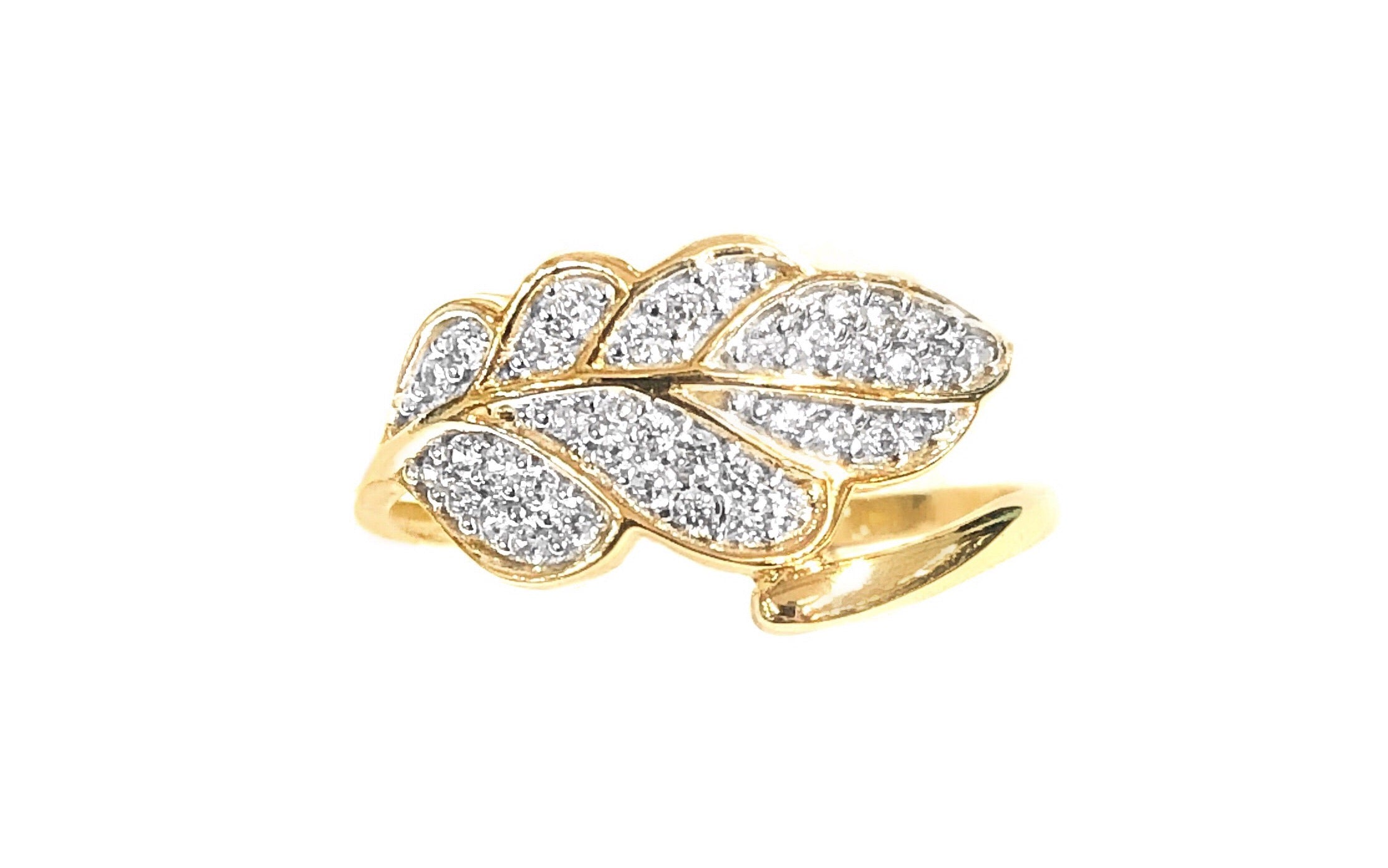14K YELLOW GOLD PAVE LEAF WRAP RING