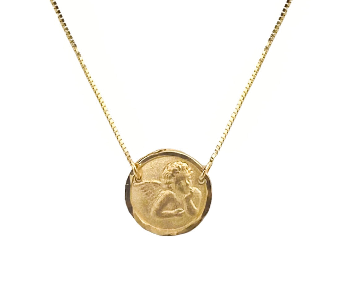14K YELLOW GOLD FLOATING ANGEL MEDALLION NECKLACE
