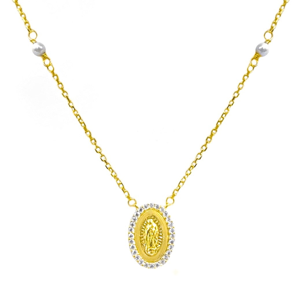 14K YELLOW GOLD VIRGIN MARY PEARL NECKLACE