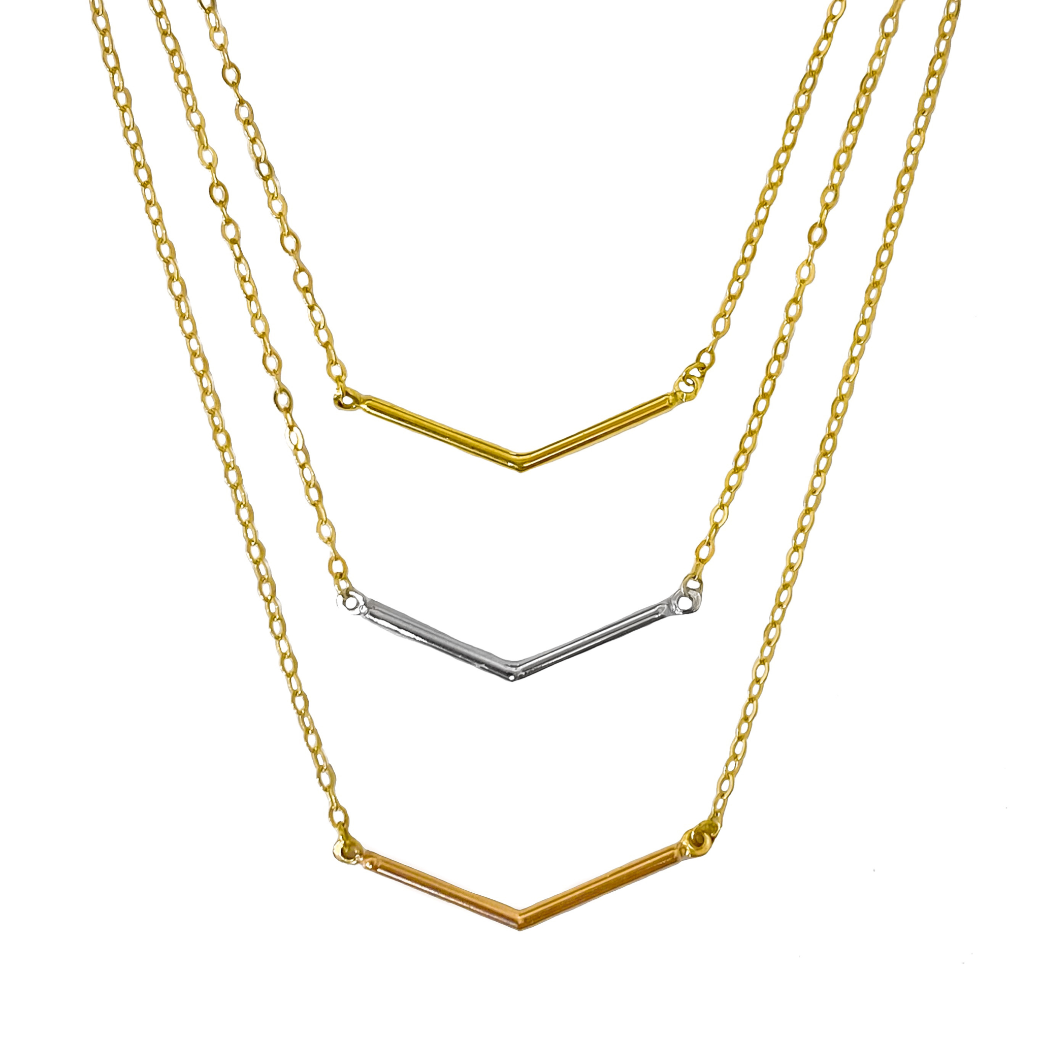 10K YELLOW GOLD TRIPLE LAYER TRI COLOR V NECKLACE