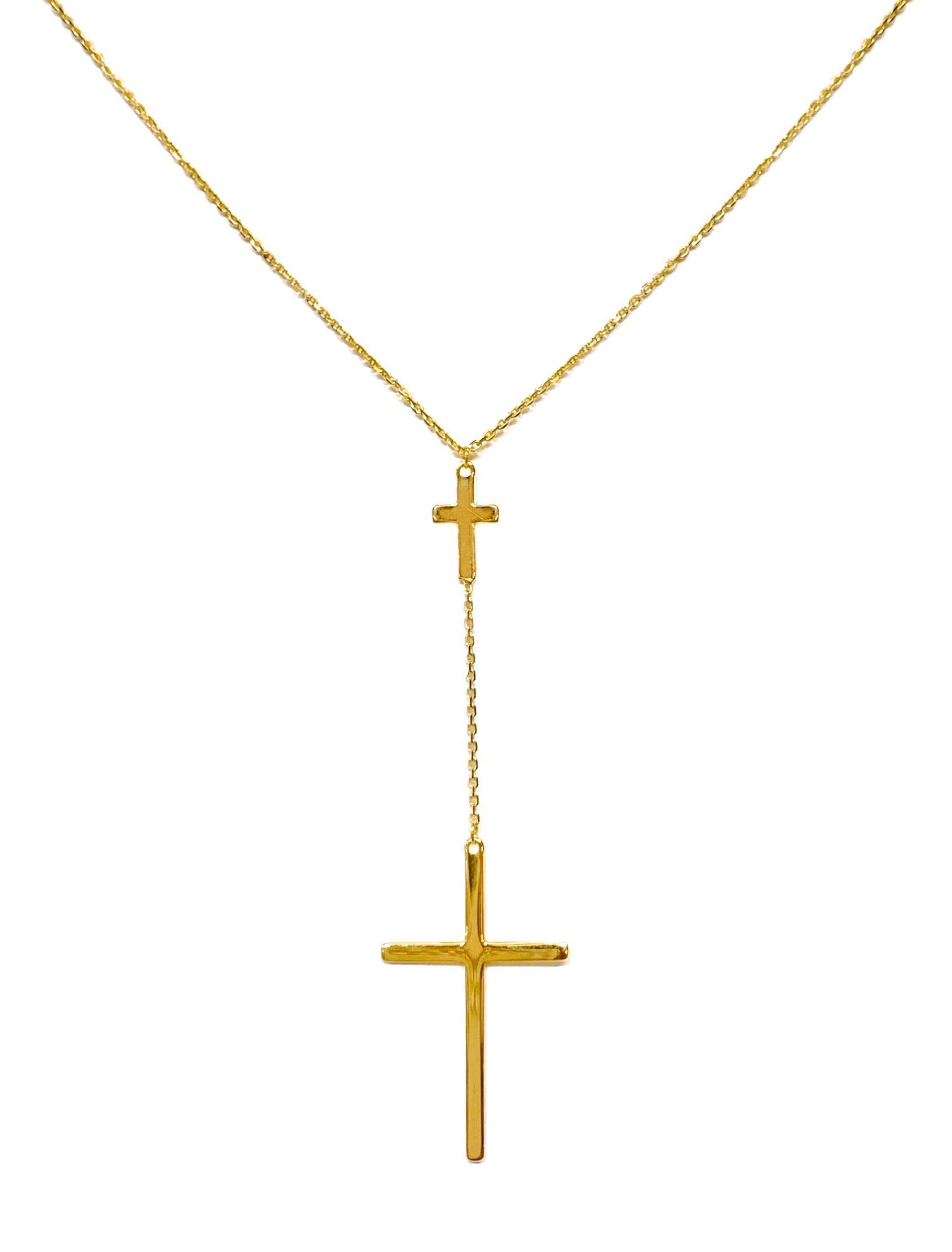14K YELLOW GOLD DOUBLE CROSS LARIAT NECKLACE