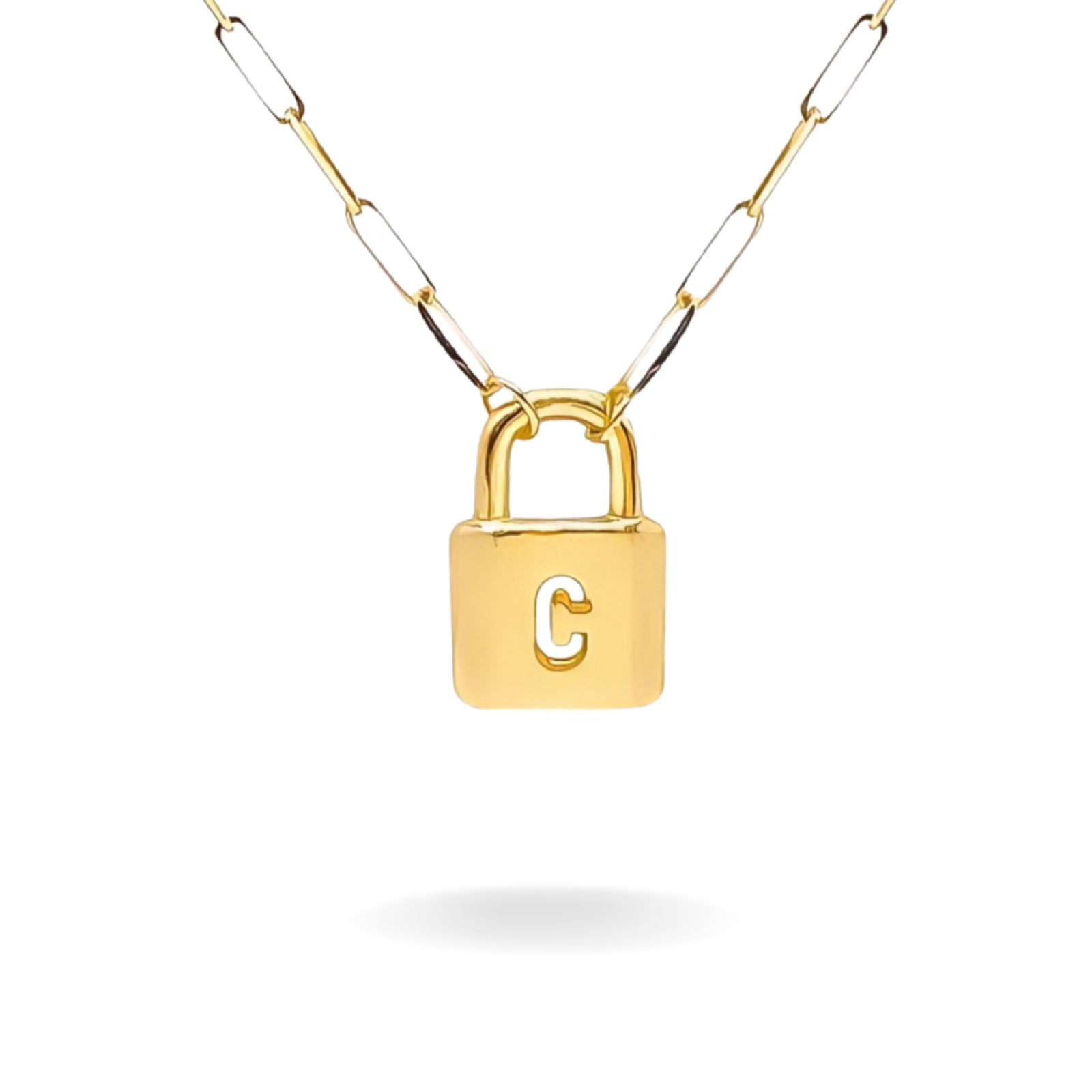14K YELLOW GOLD SERIF INITIAL LOCK PAPERCLIP NECKLACE