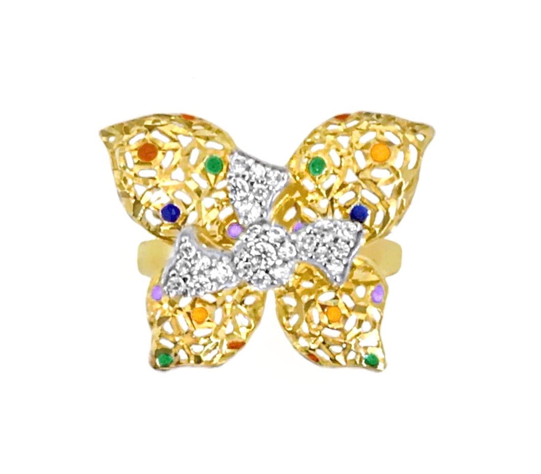 14K YELLOW GOLD PAVE RAINBOW BUTTERFLY RING