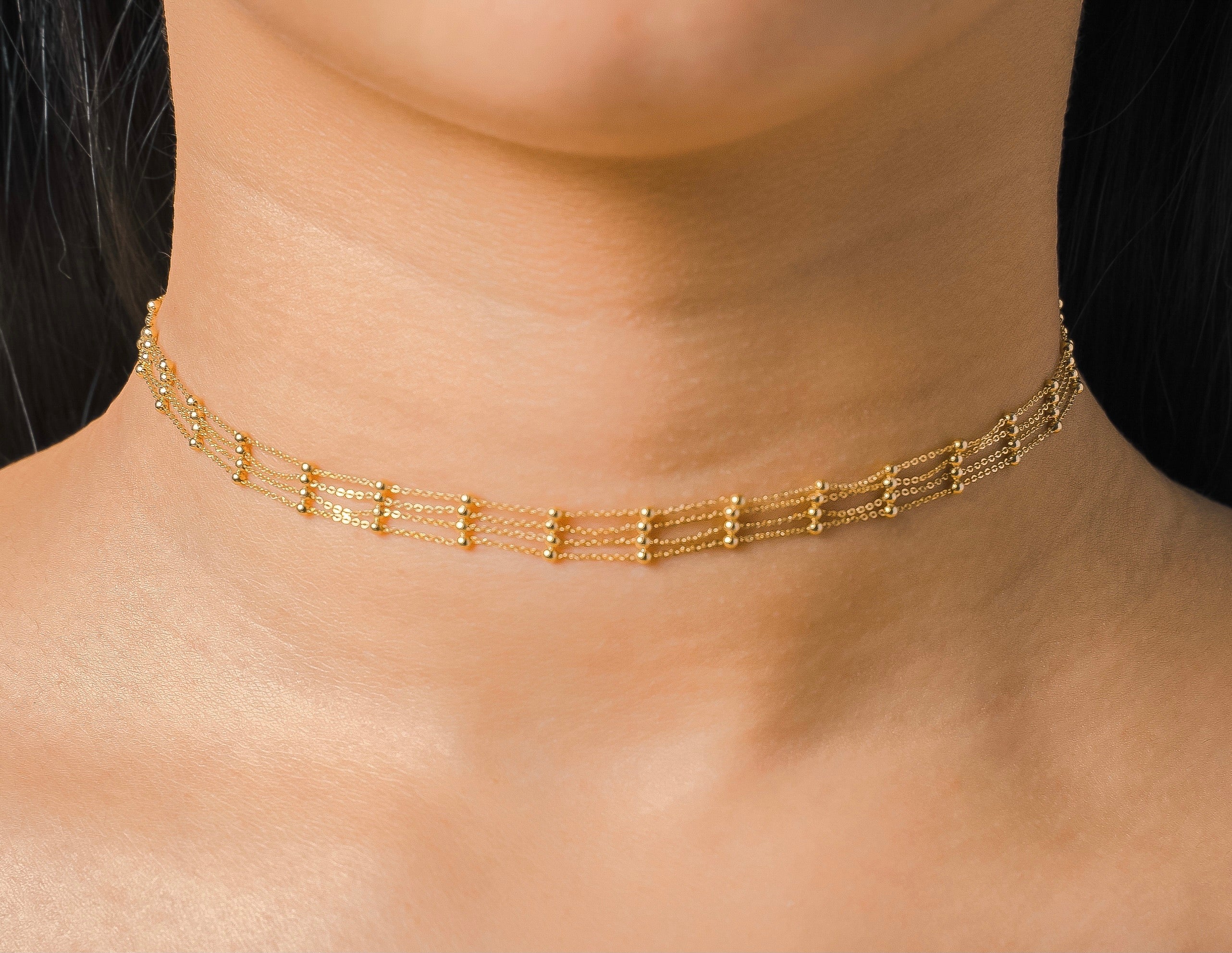 10K YELLOW GOLD BEADED FOUR STRAND CHOKER NECKLACE