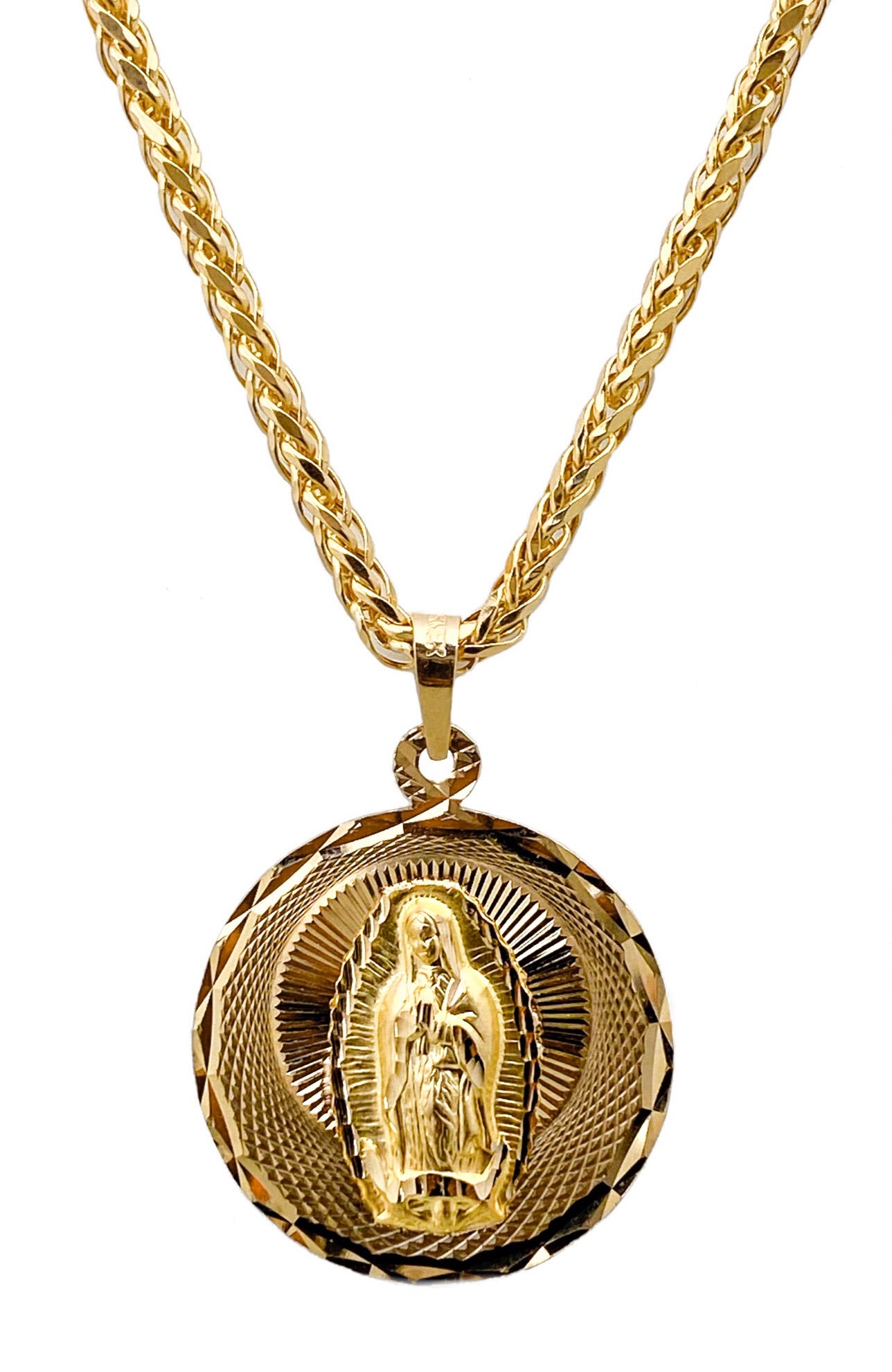 14K YELLOW GOLD LARGE VIRGIN MARY MEDALLION NECKLACE