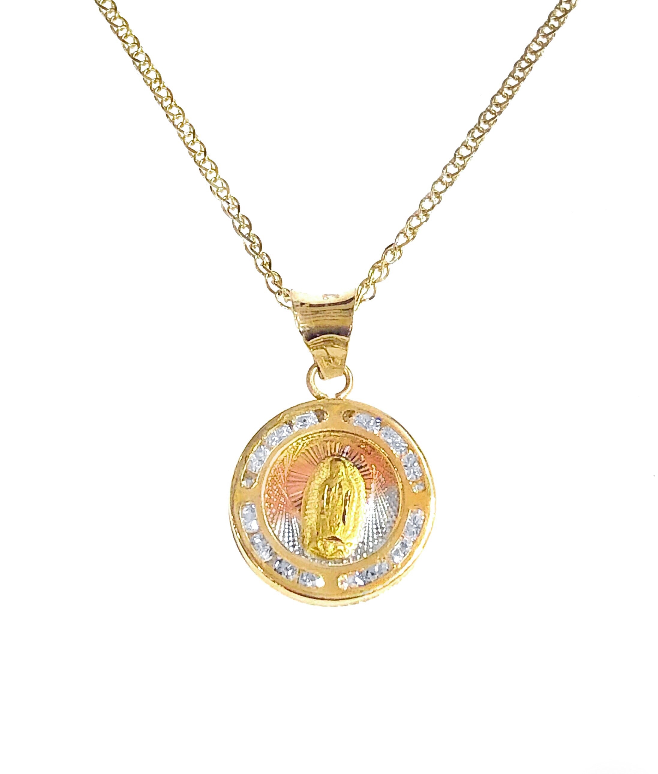 14K TRICOLOR GOLD MINI ROUND PAVE VIRGIN MARY NECKLACE