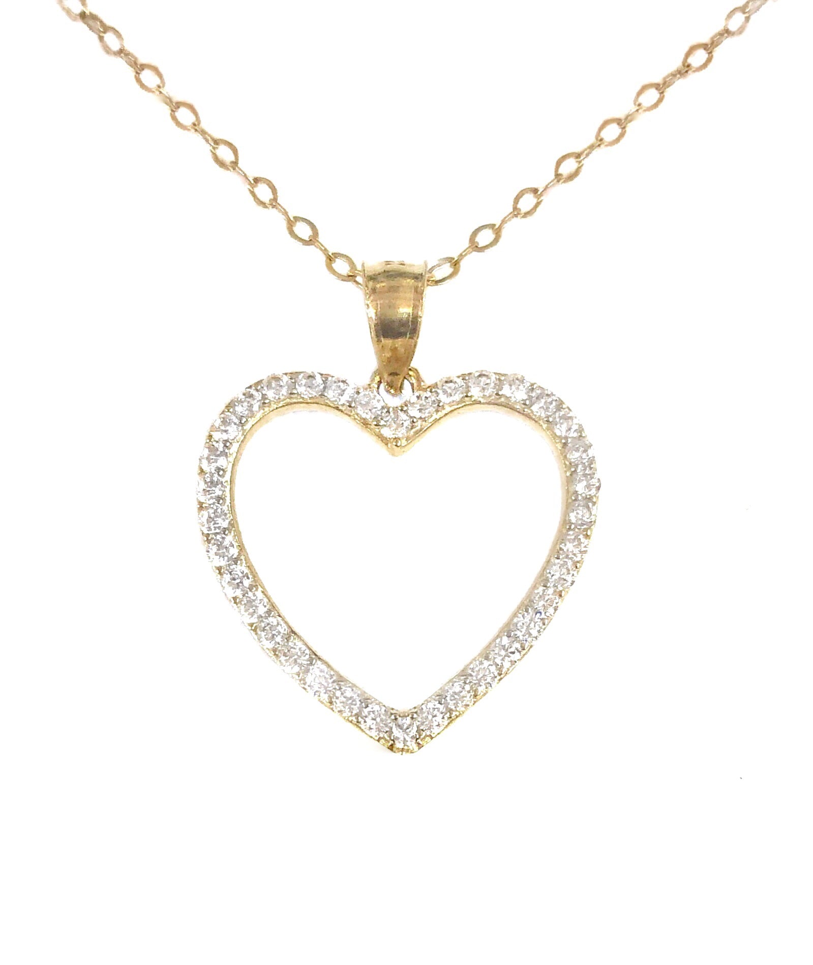 14K YELLOW GOLD PAVE HEART OUTLINE NECKLACE