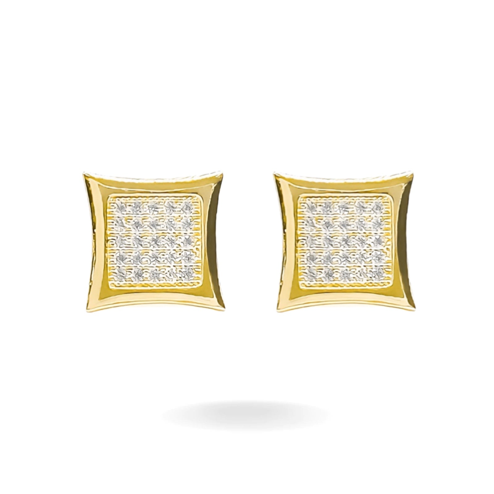 10K YELLOW GOLD PAVE PINCHED SQUARE FRAME STUD EARRINGS