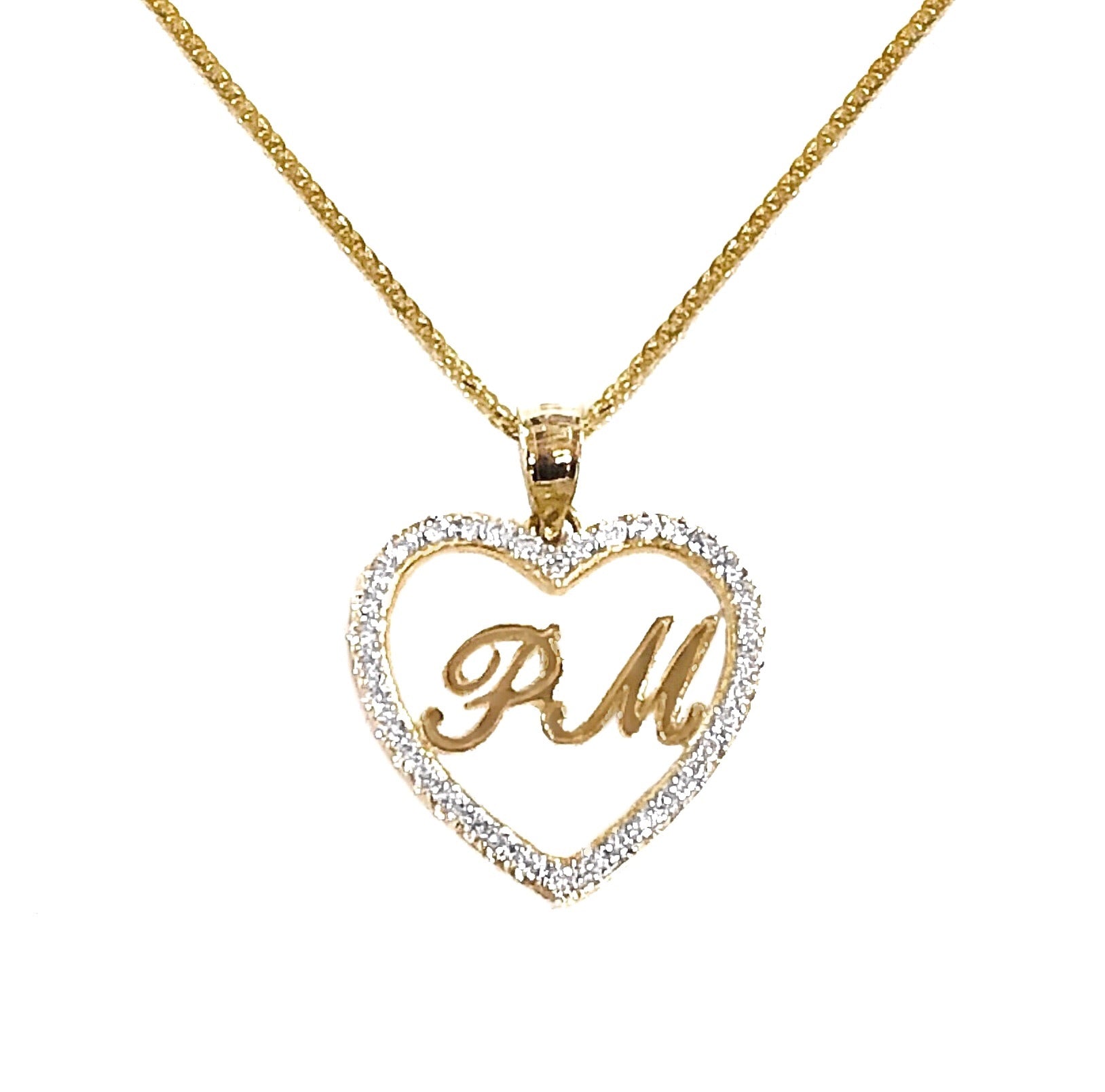 14K YELLOW  GOLD PAVE HEART OUTLINE PERSONALIZED NECKLACE