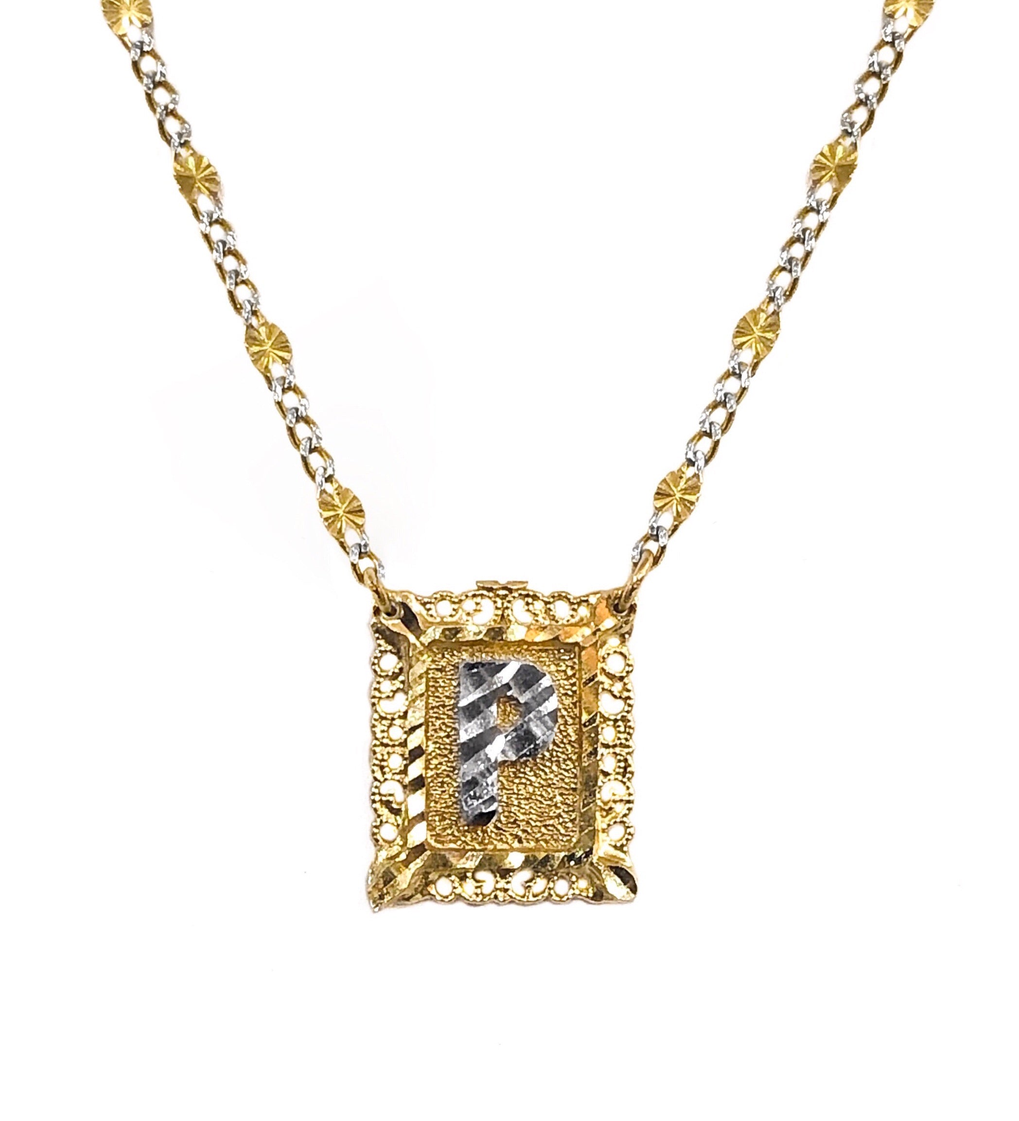 14K YELLOW GOLD FLOATING FILIGREE STAMP INITIAL NECKLACE