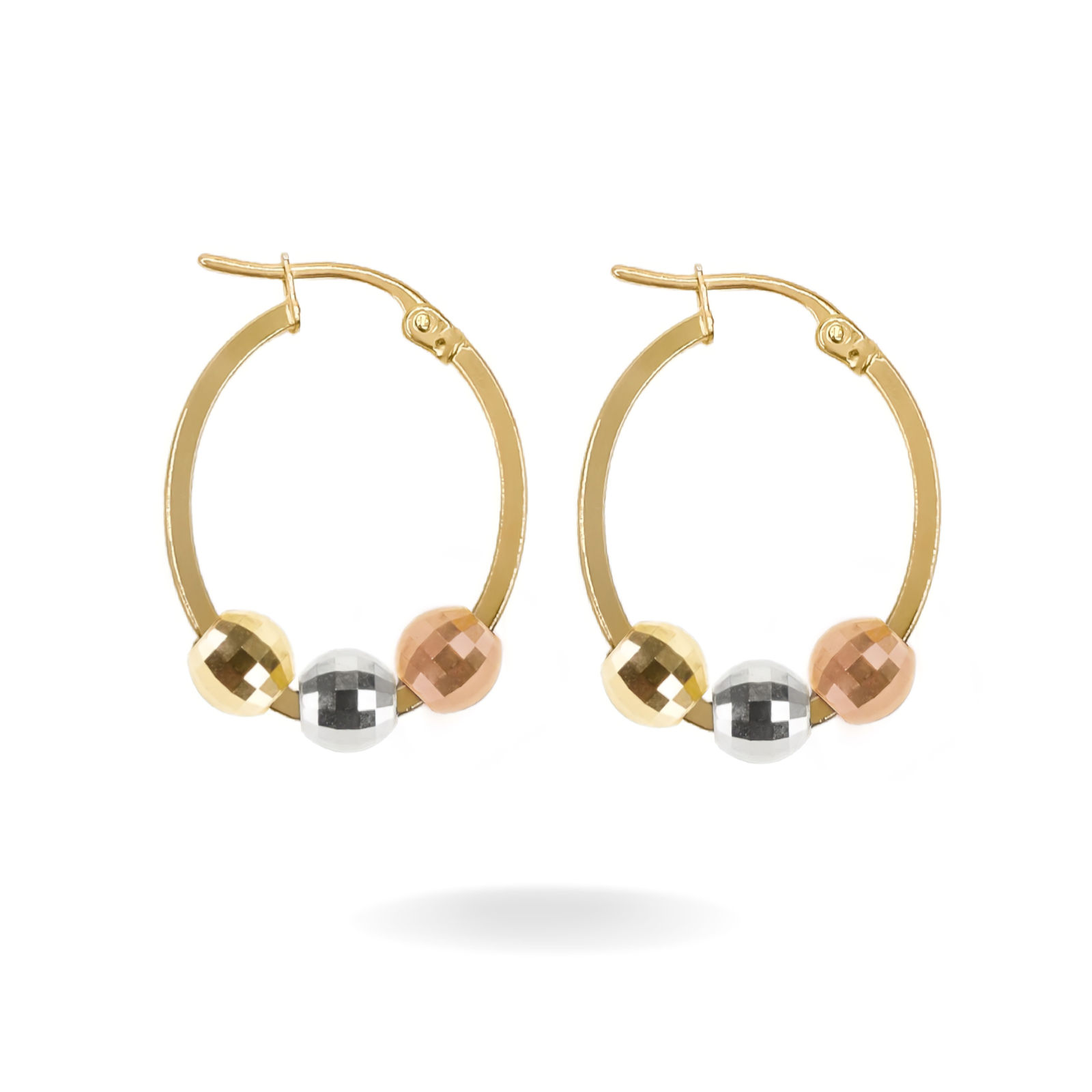 14K YELLOW GOLD TRE TRI COLOR DISCO BALL OVAL HOOPS