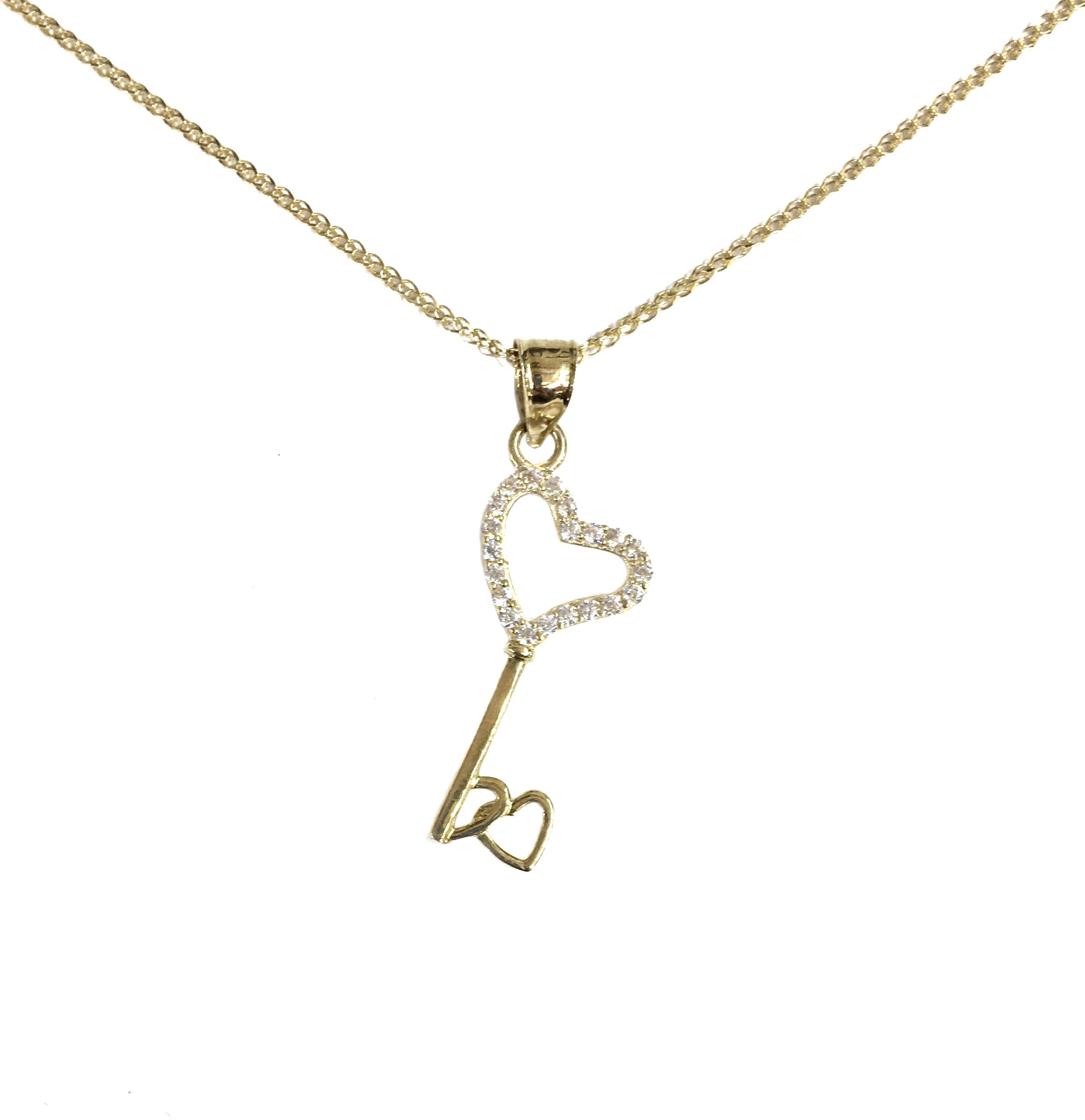 14K YELLOW GOLD PAVE HEART KEY NECKLACE -CUBIC ZIRCONIA