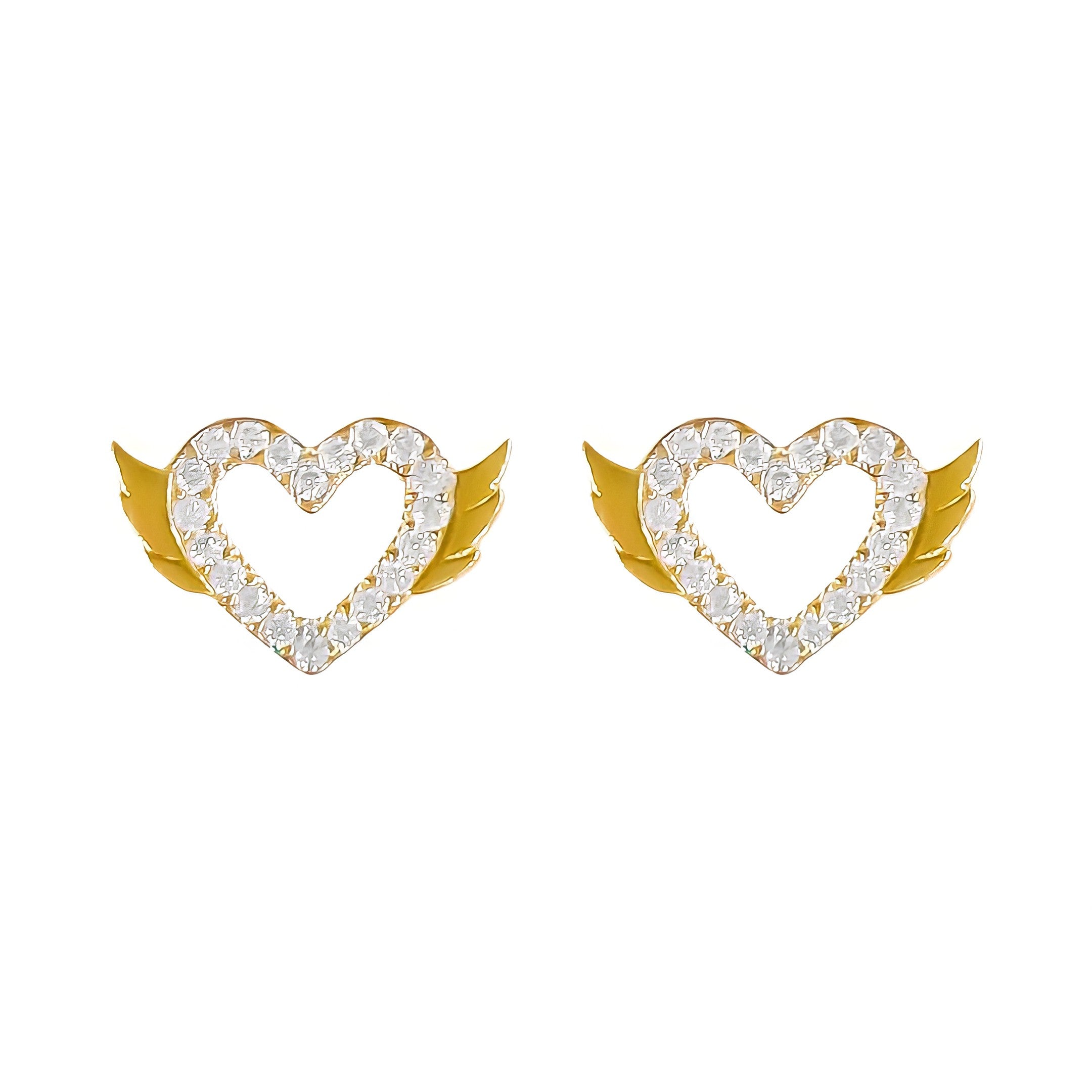 14K YELLOW GOLD PAVE HEART WITH WINGS STUD EARRINGS
