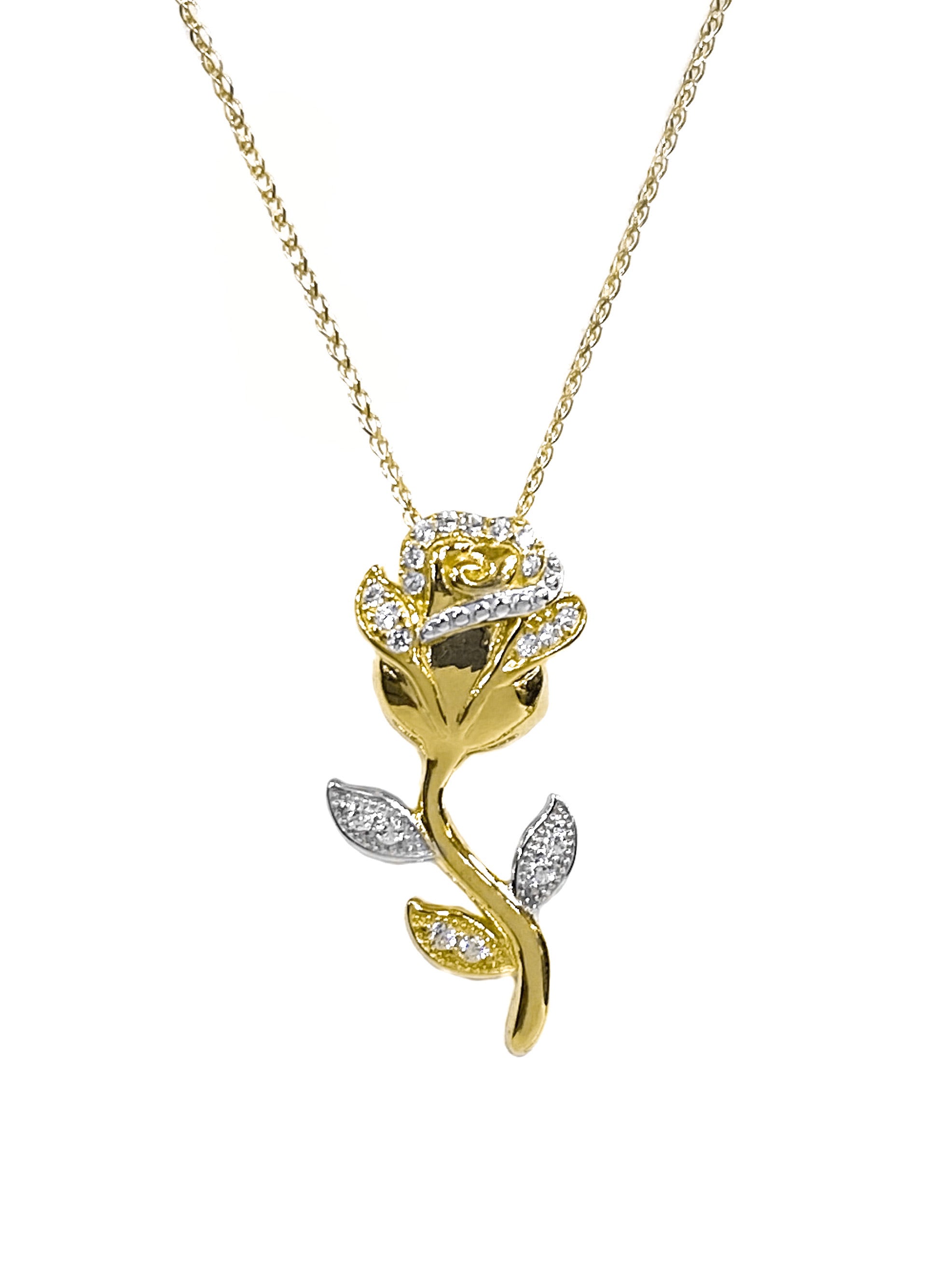 14K TWO TONED GOLD PAVE ROSE NECKLACE