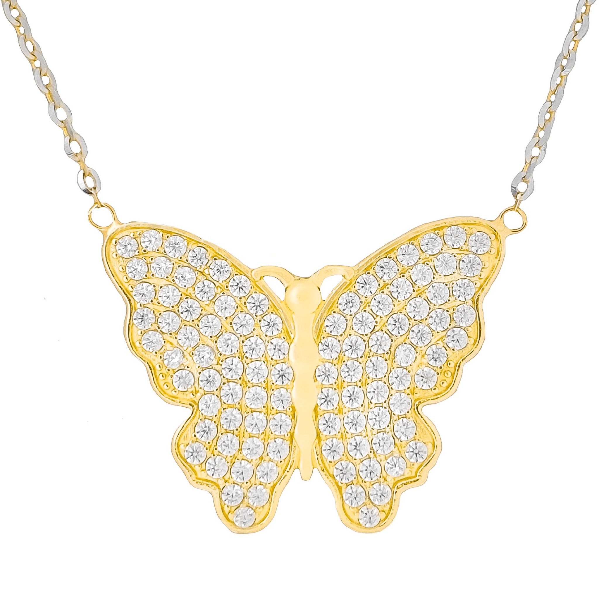 14K TWO TONED GOLD PAVE STATEMENT BUTTERFLY NECKLACE