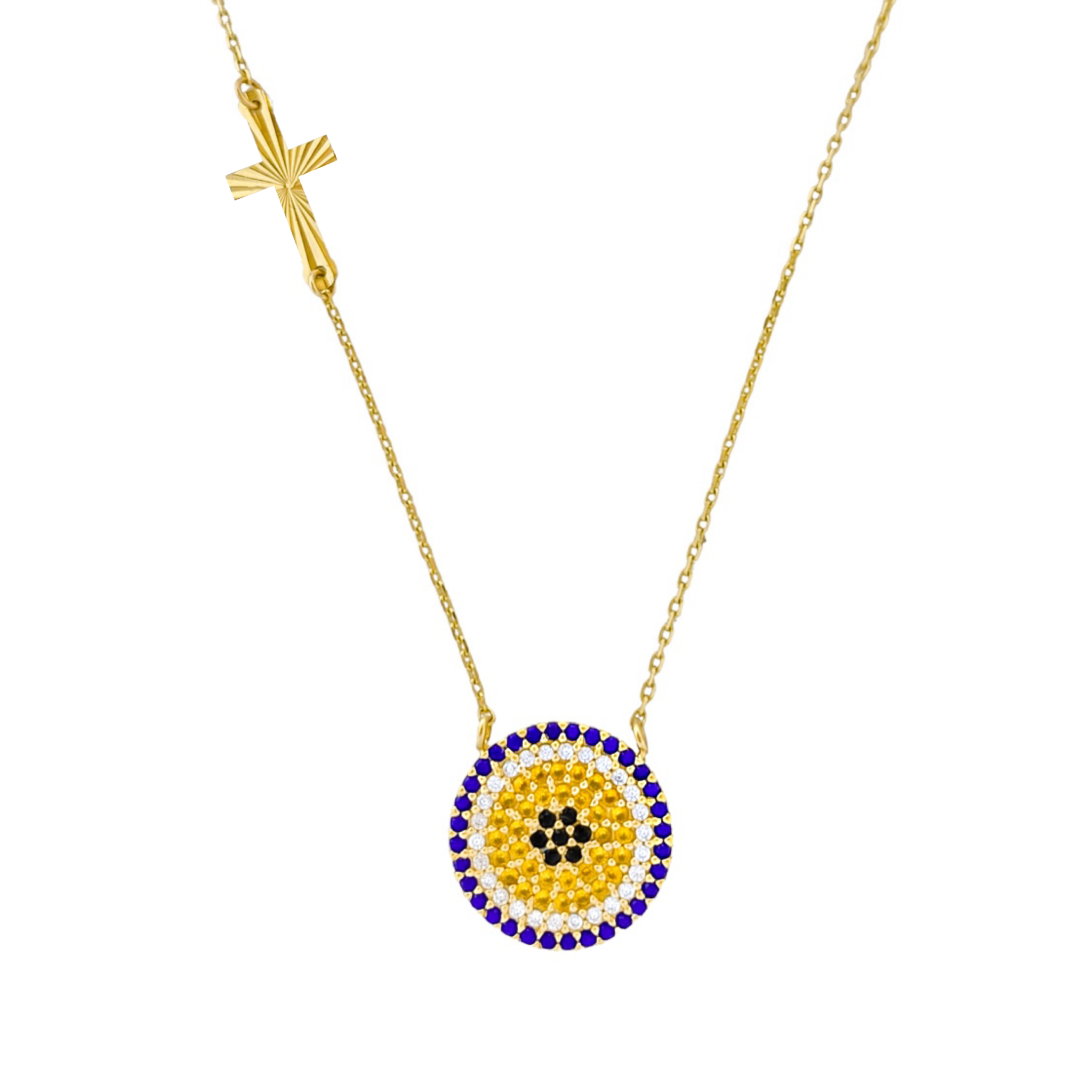 14K YELLOW GOLD FLOATING CROSS & EVIL EYE NECKLACE