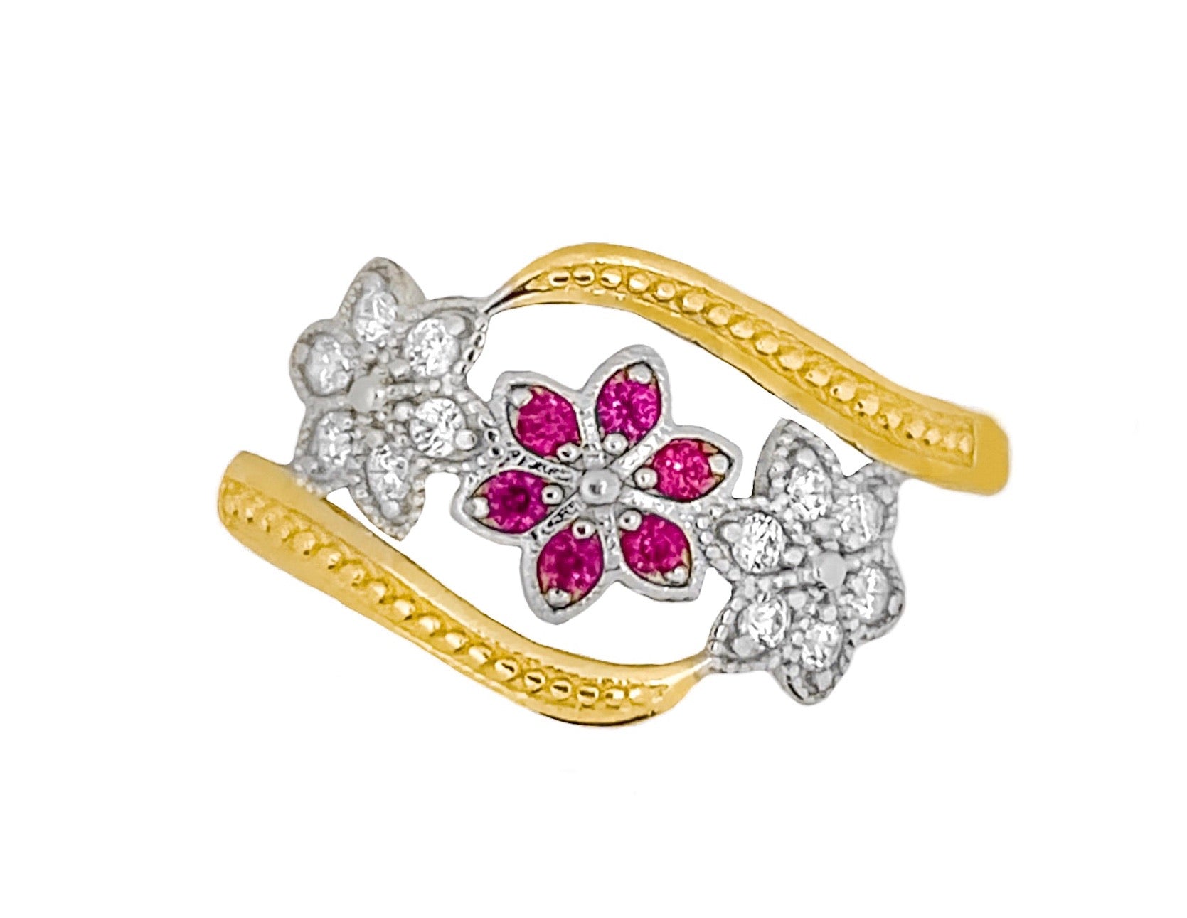 14K TWO TONED GOLD PAVE TRIPLE HIBISCUS RING