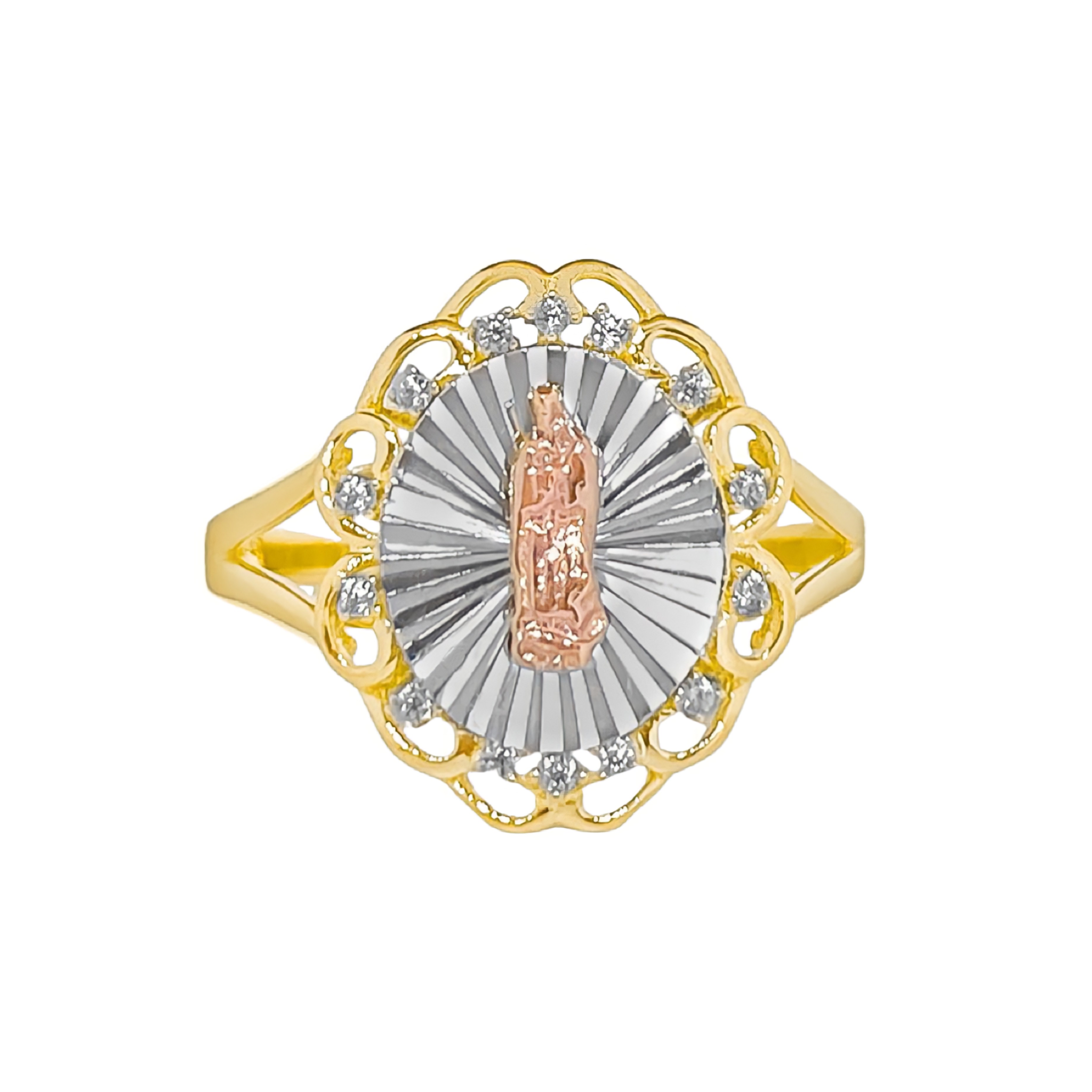 14K TRI COLOR GOLD LACE CZ VIRGIN MARY RING