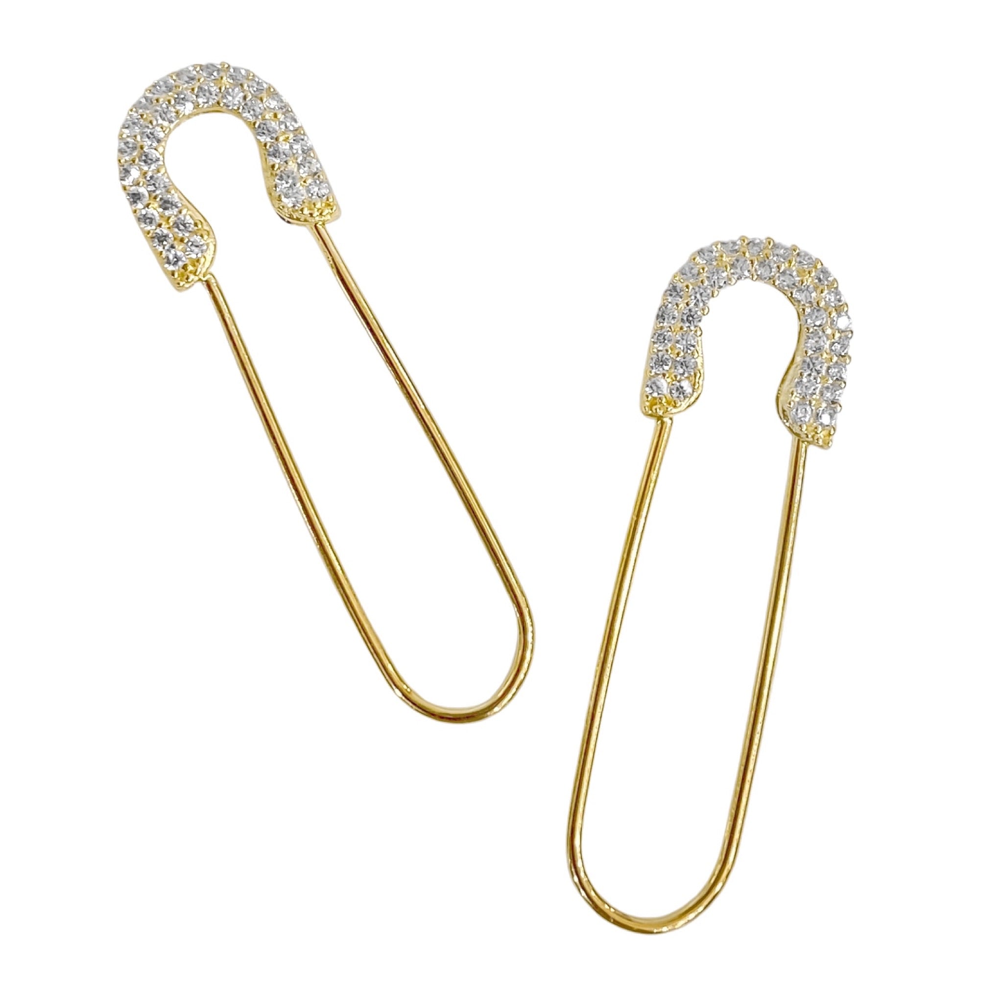 14K YELLOW GOLD LARGE PAVE SAFETY PIN EARRINGS