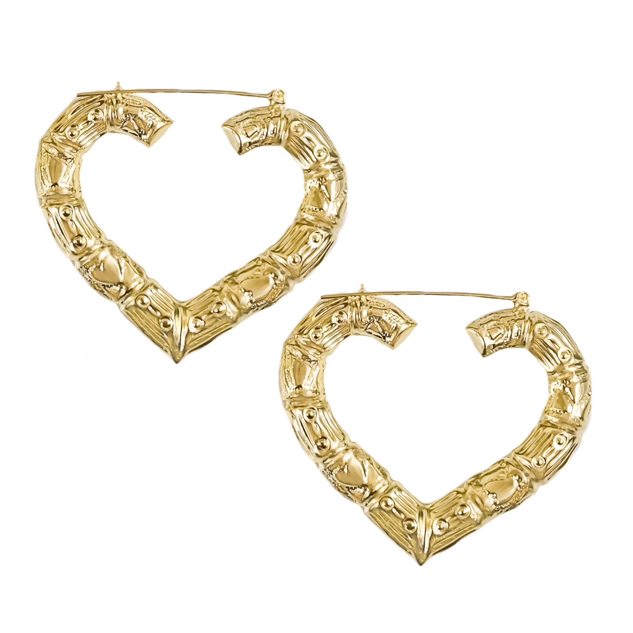 10K YELLOW GOLD HEART BAMBOO HOOPS -MEDIUM