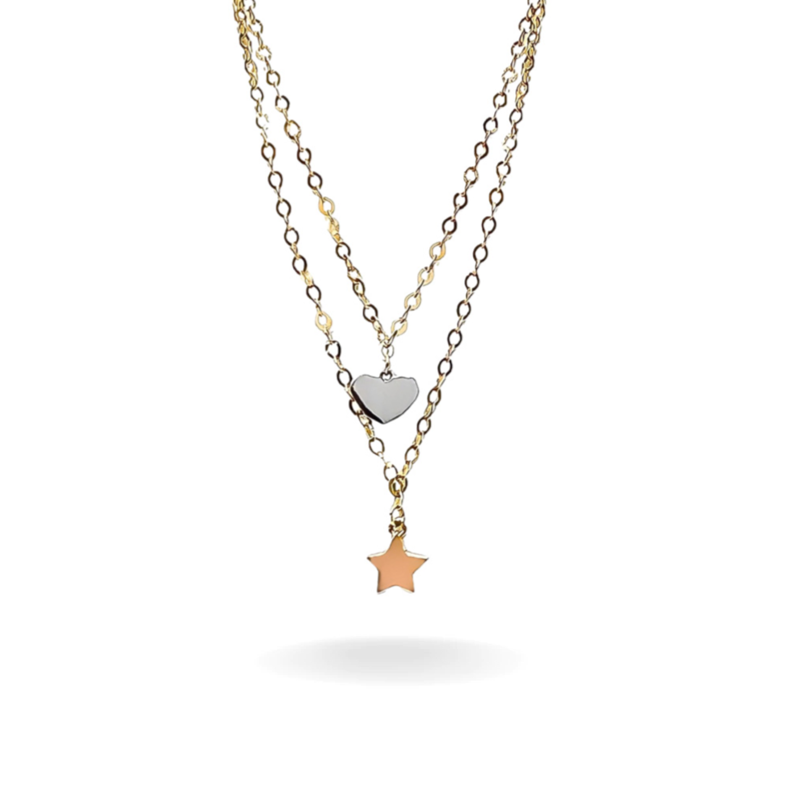 14K YELLOW GOLD HEART & STAR CHARMED DOUBLE NECKLACE