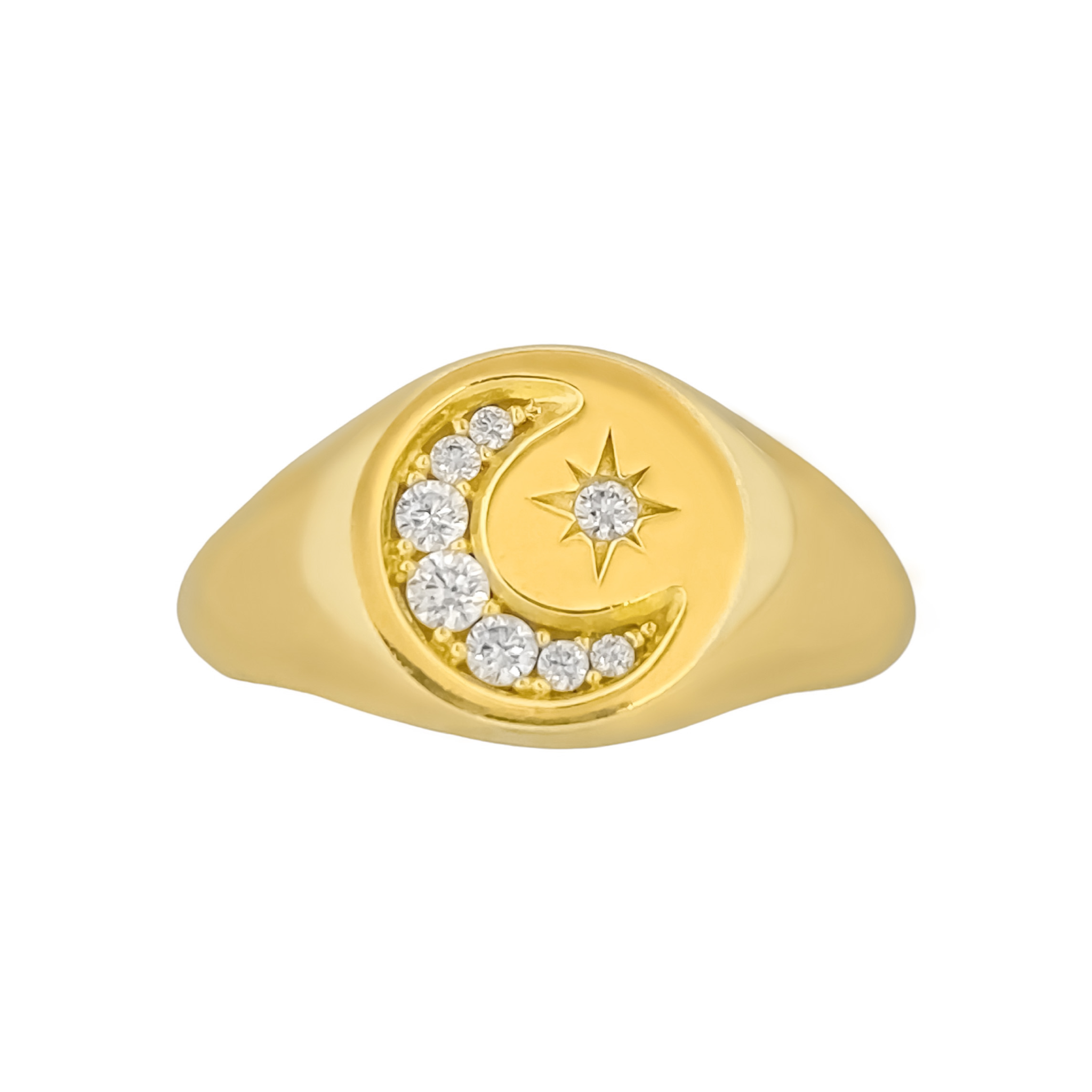 14K YELLOW GOLD PAVE MOON OVAL SIGNET RING
