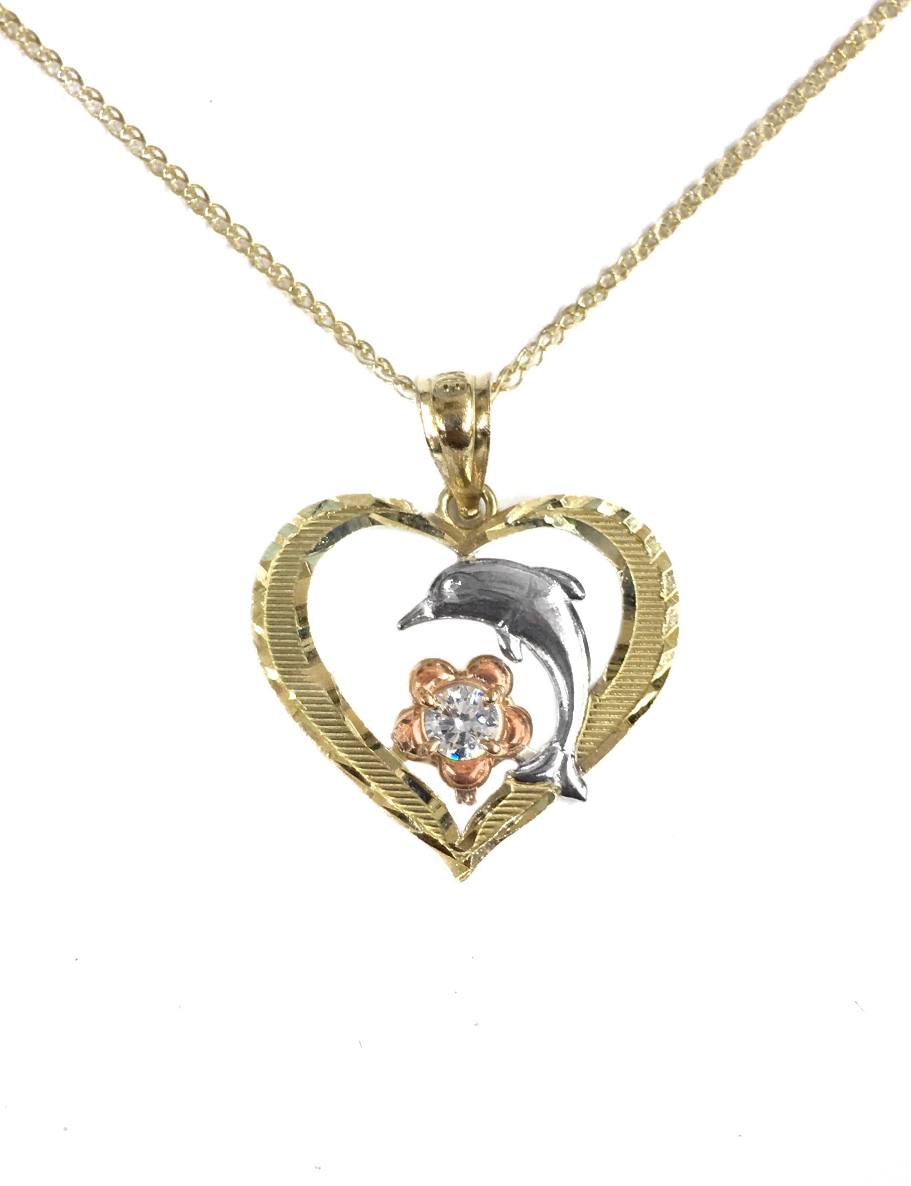 14K TRICOLOR GOLD DOLPHIN HEART NECKLACE -CUBIC ZIRCONIA