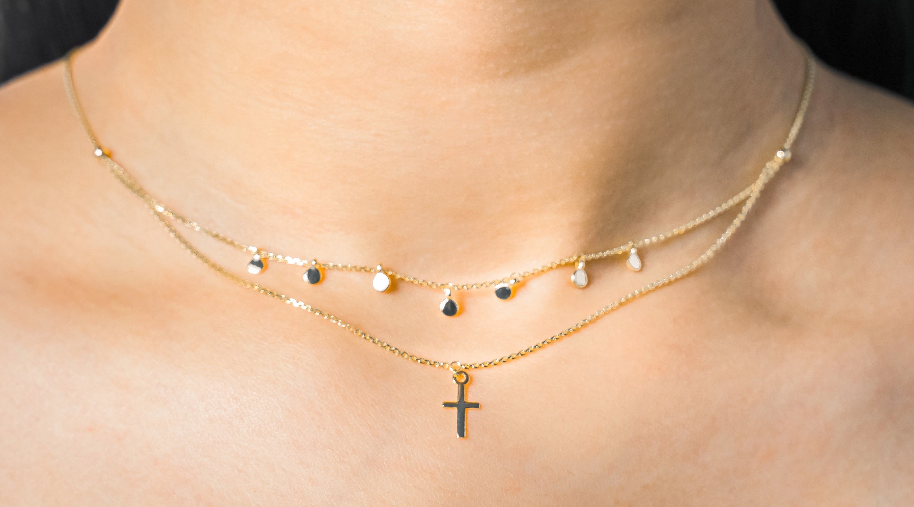14K YELLOW GOLD DOUBLE LAYER CHARM & CROSS NECKLACE