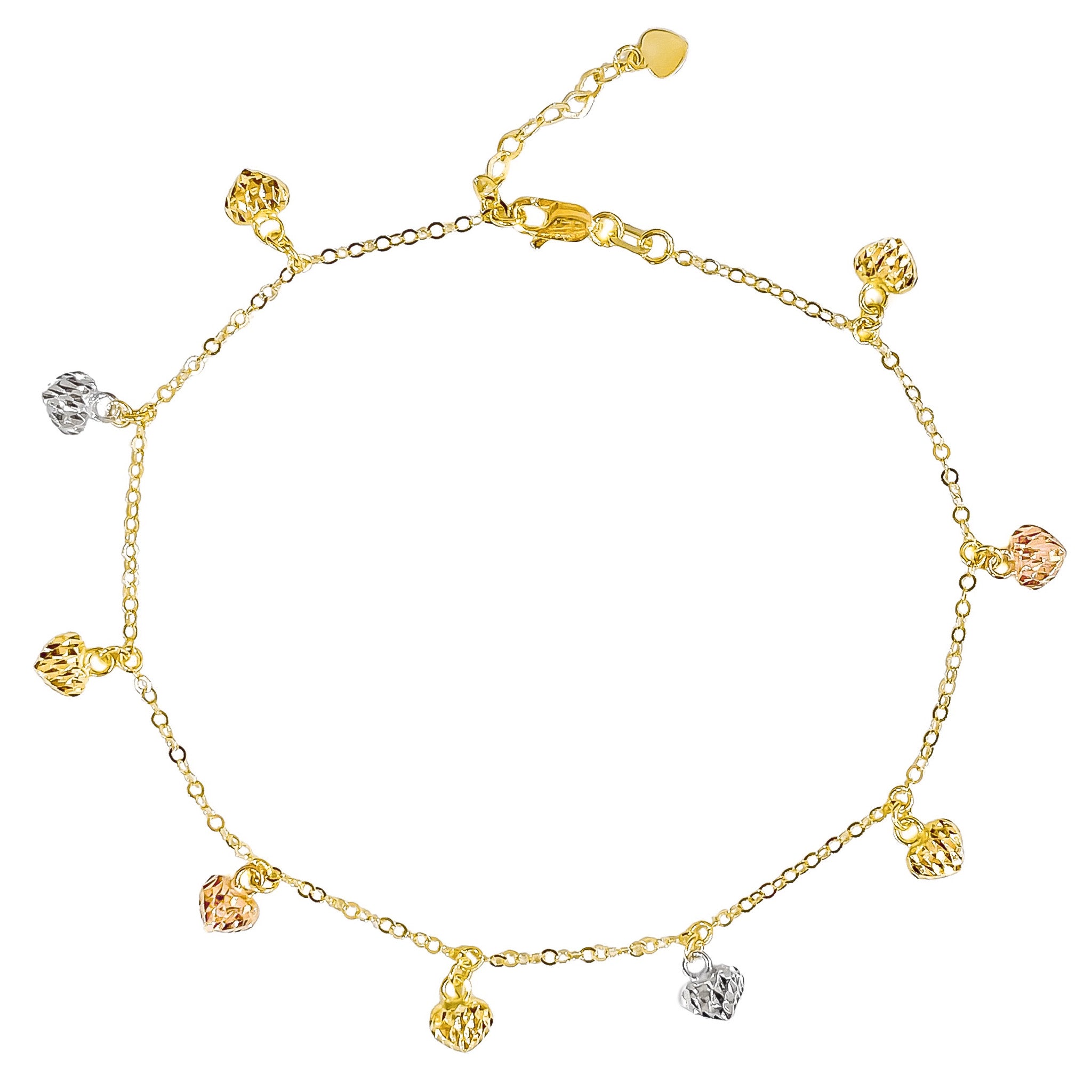 14K TRI COLOR GOLD MOON-CUT HEART CHARMS ANKLET
