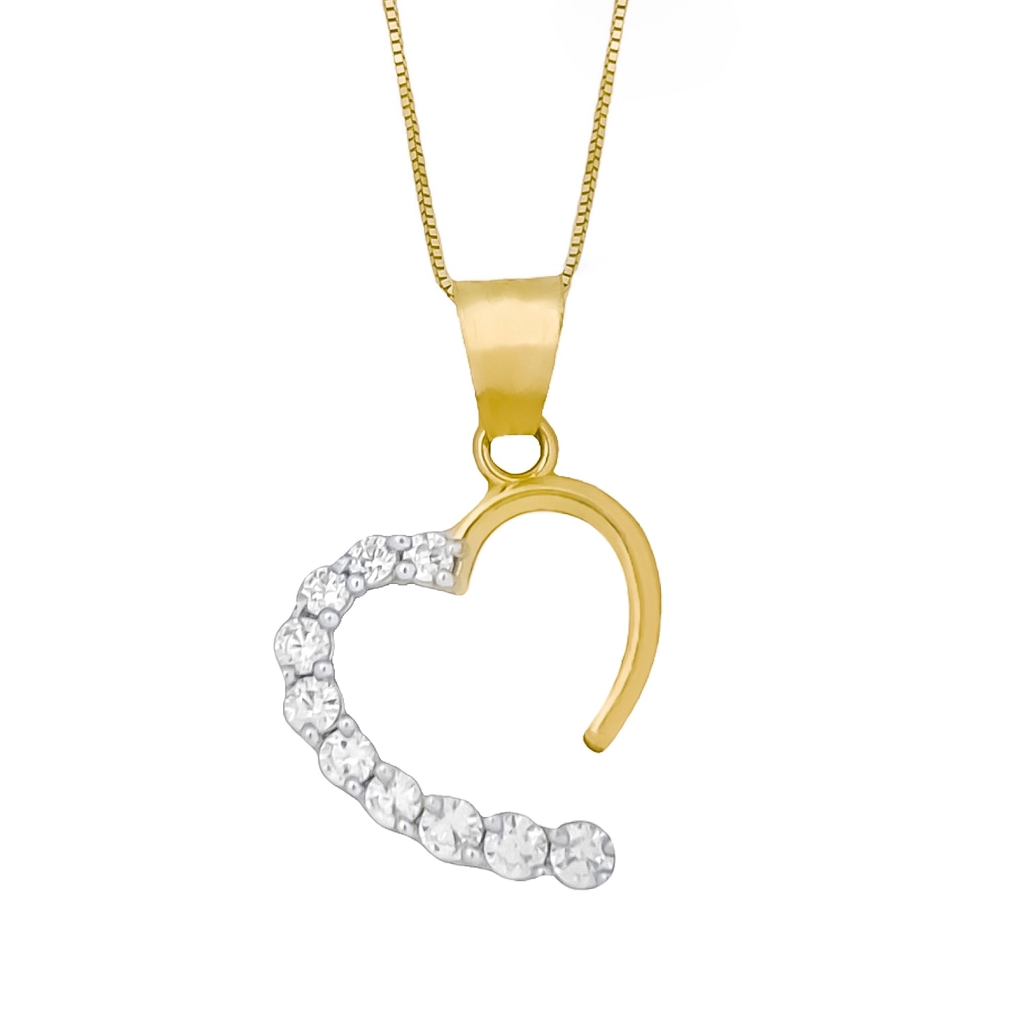 14K YELLOW GOLD HALF CZ HEART NECKLACE