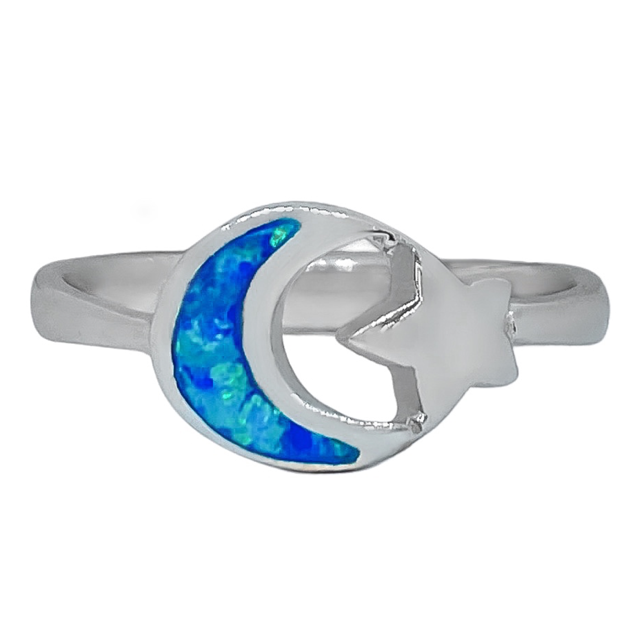 925 SILVER BLUE MEXICAN OPAL STONE MOON & STAR RING