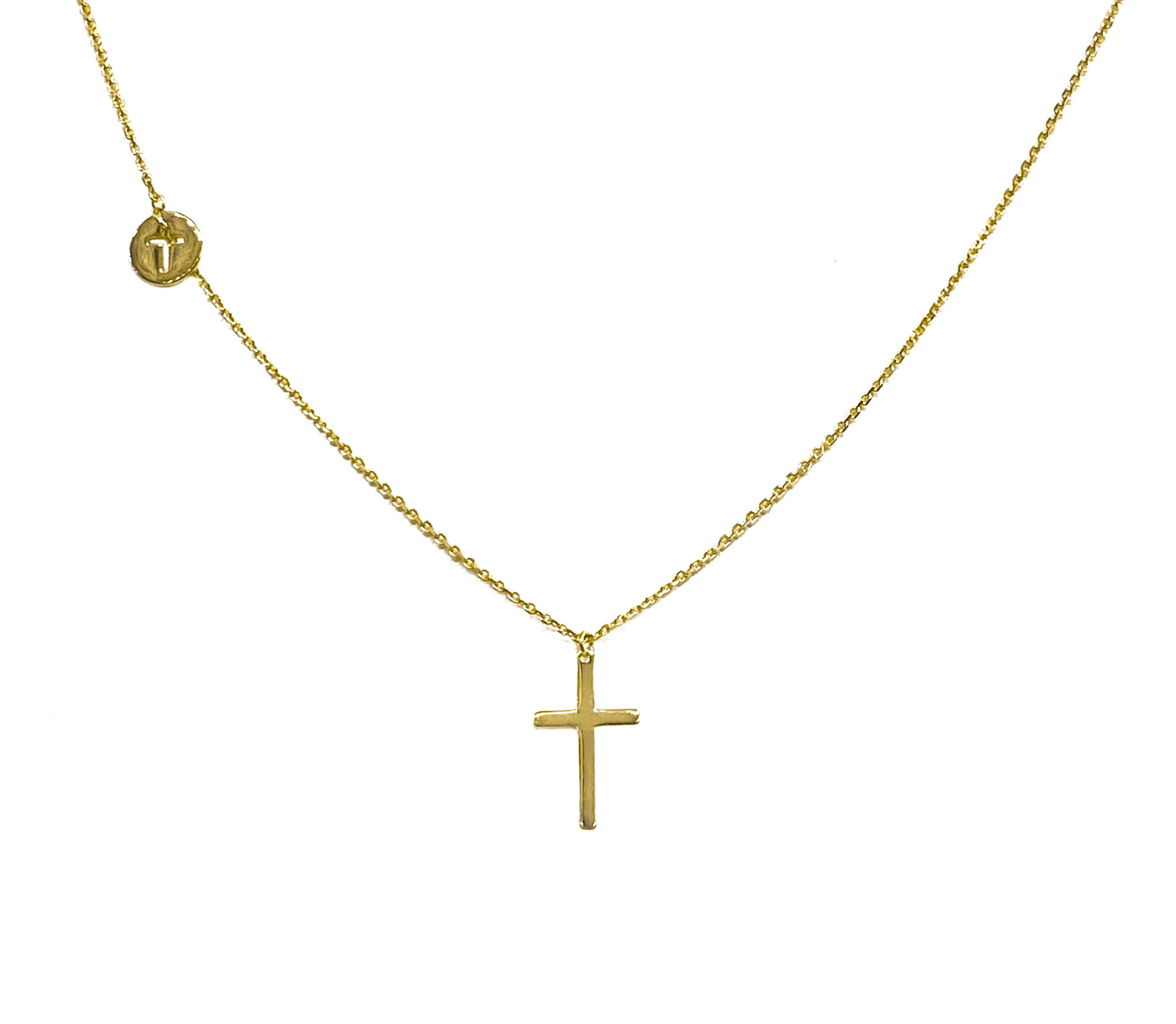 14K YELLOW GOLD LASER-CUT DISC DOUBLE CROSS NECKLACE