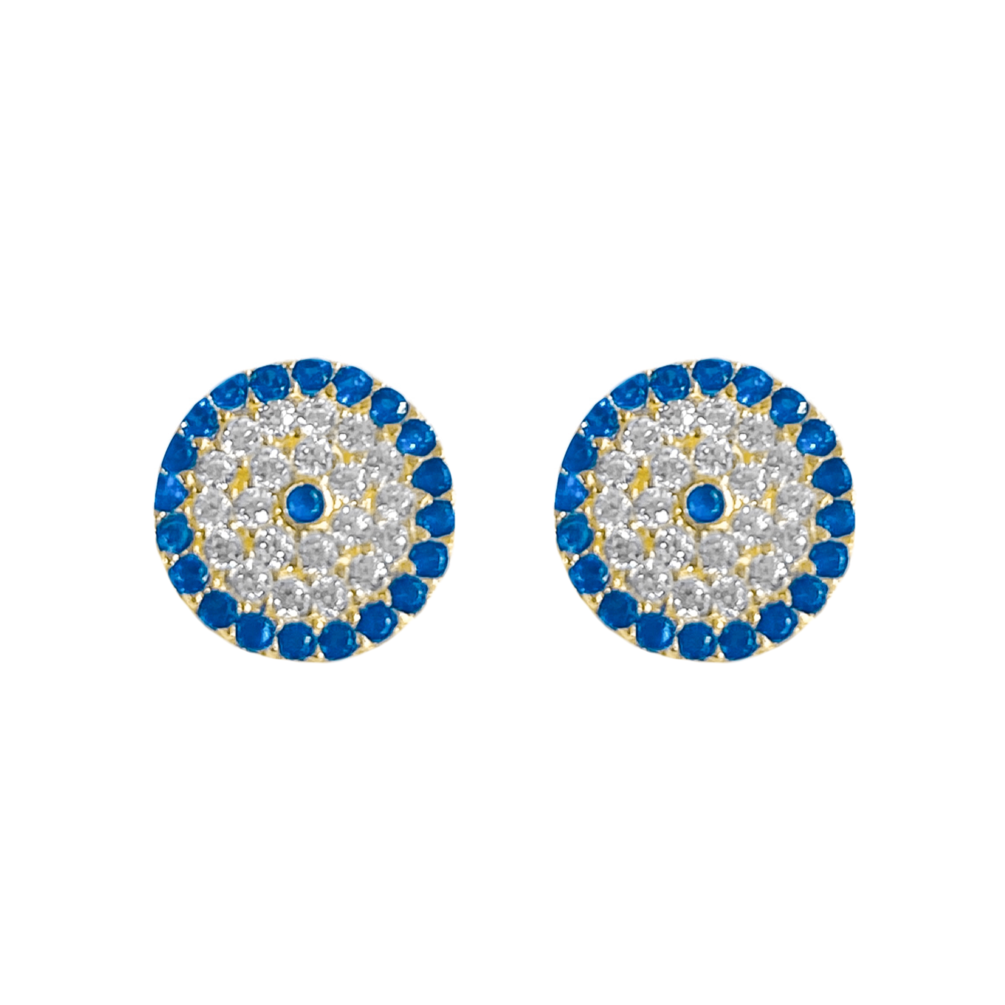 14K YELLOW GOLD ROUND PAVE BLUE EYE STUD EARRINGS