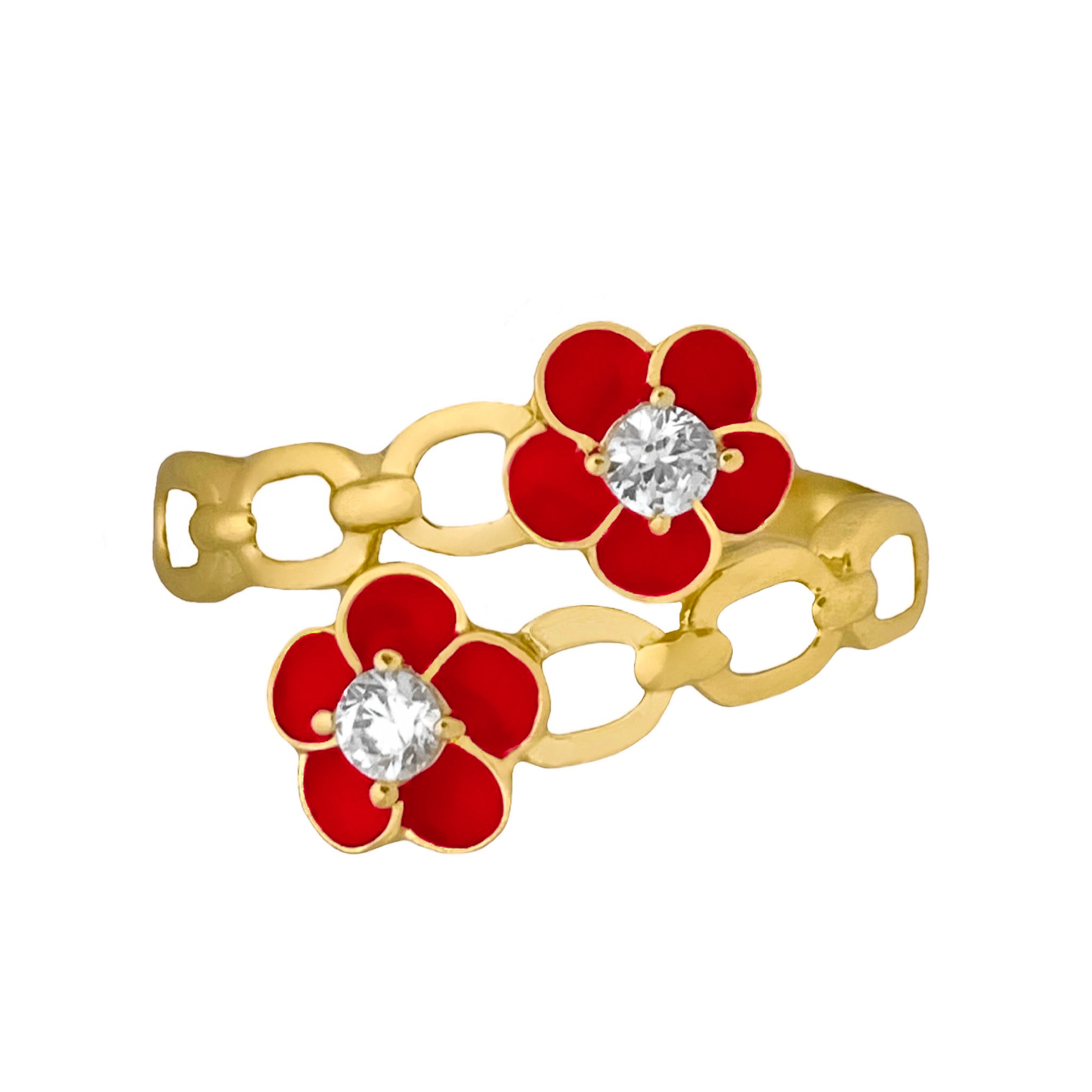 14K YELLOW GOLD RED FLOWER LINK WRAP RING