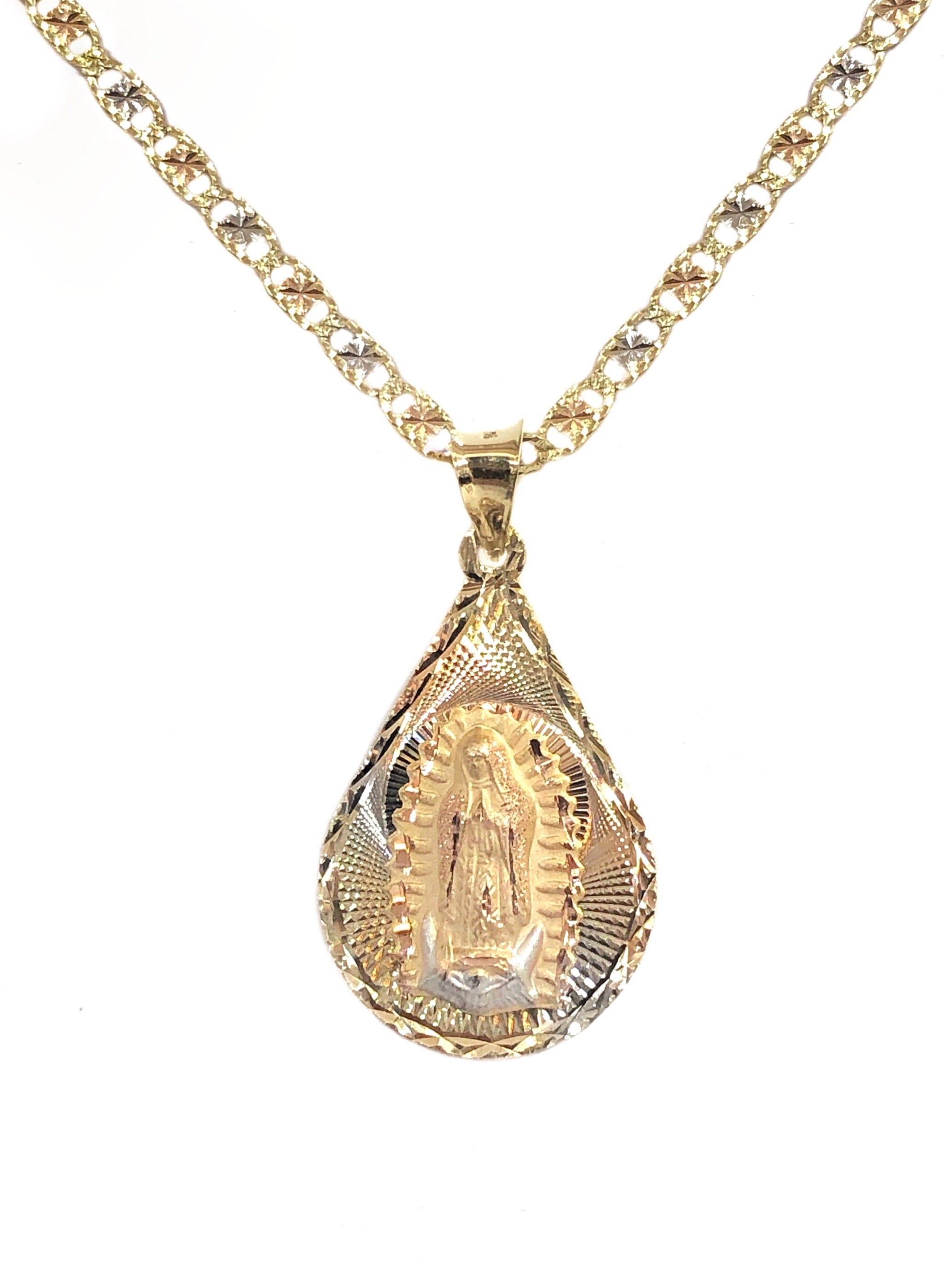 14K TRI COLOR GOLD  PEAR SHAPED VIRGIN MARY SET -ENGRAVED
