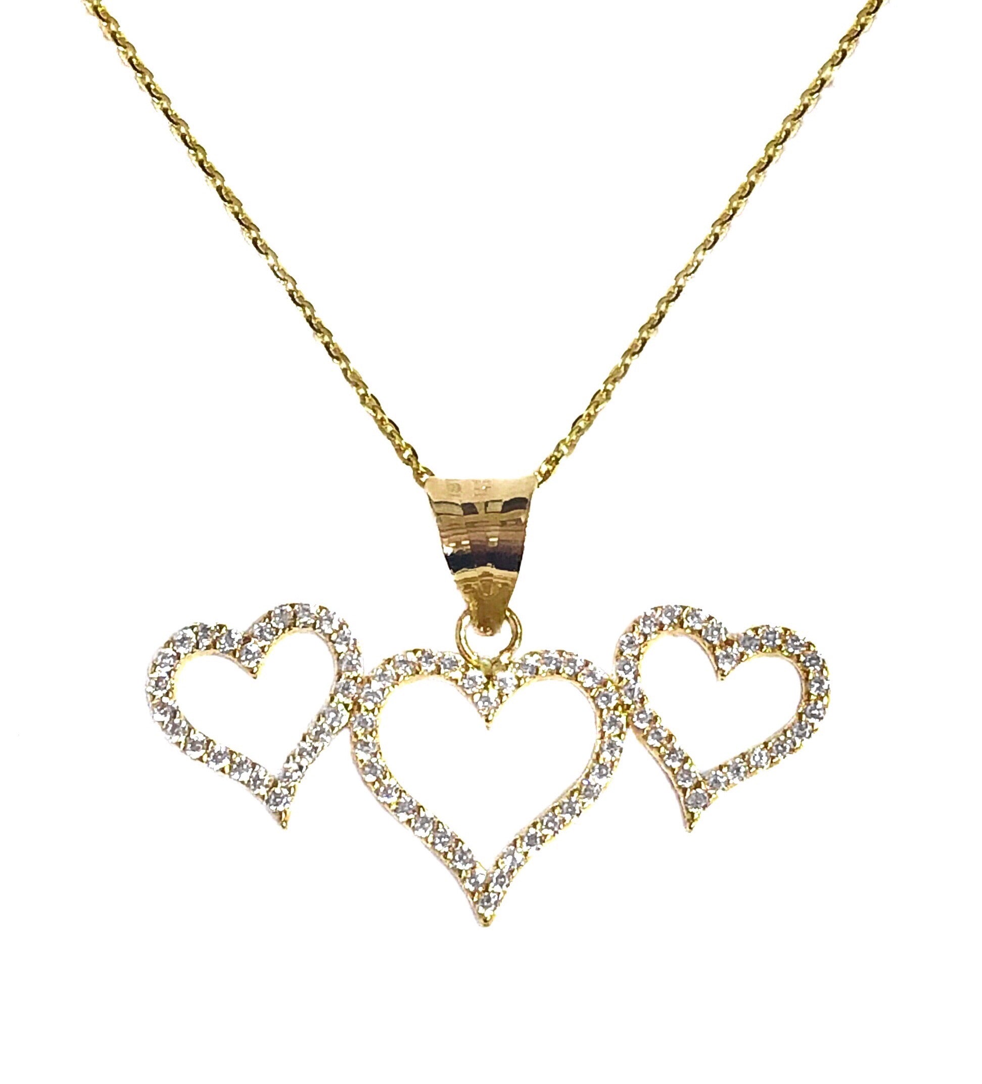 14K YELLOW  GOLD PAVE TRIPLE HEART NECKLACE