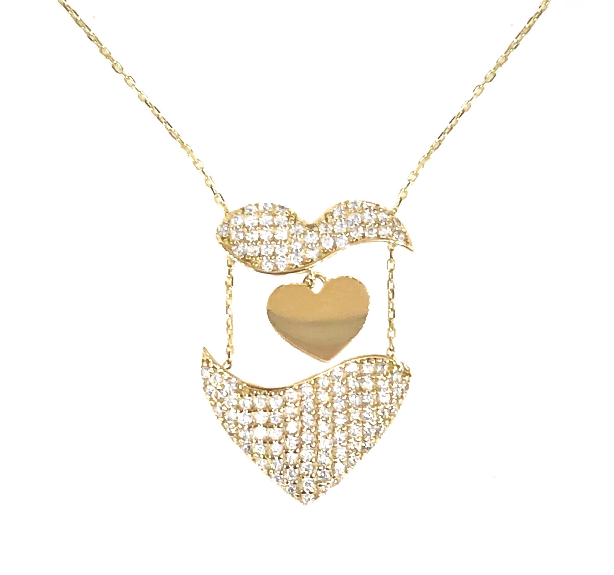 14K YELLOW GOLD PAVE PUFF PULL APART HEART NECKLACE
