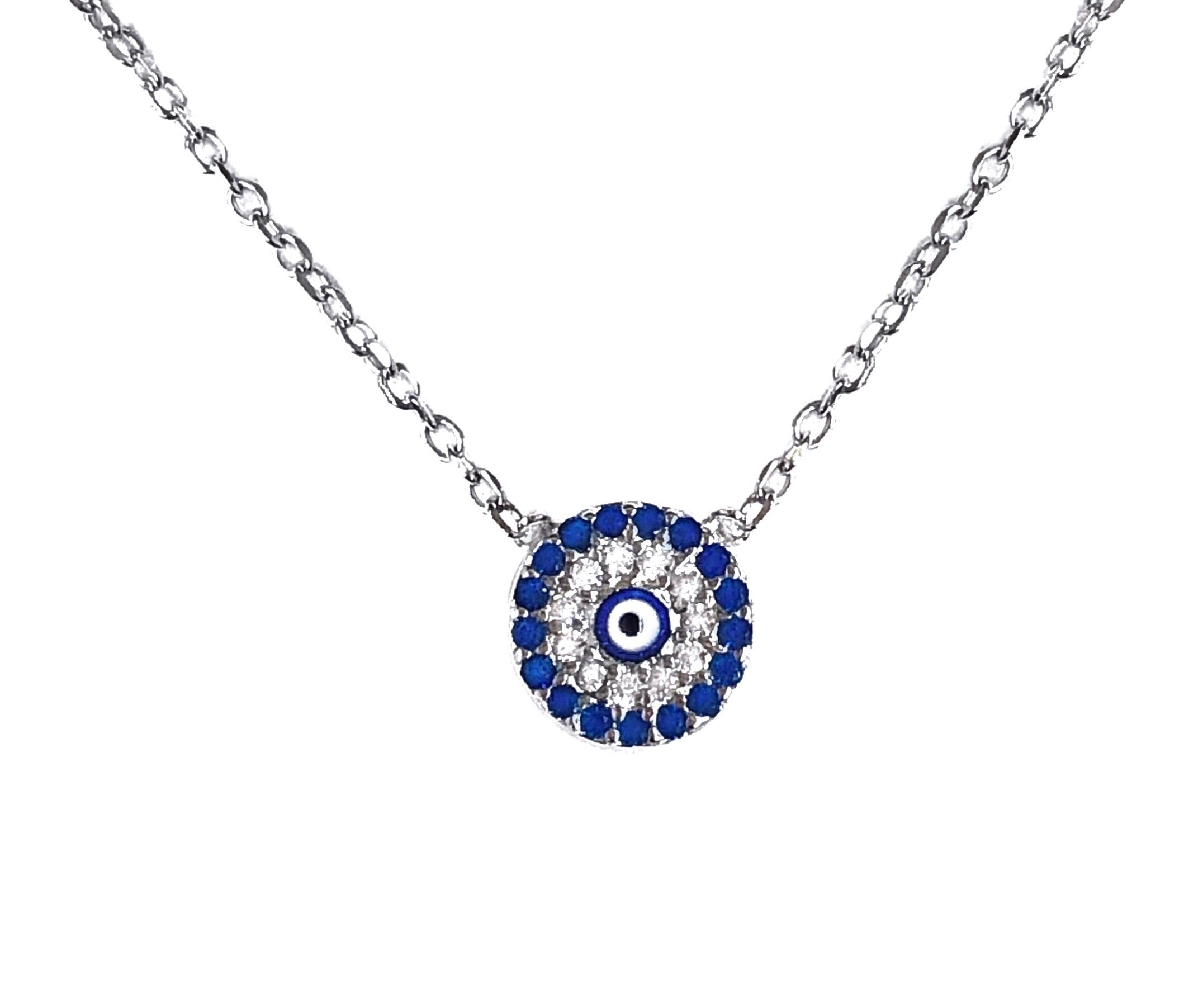 PAVE ROUND FLOATING BLUE EYE NECKLACE -SILVER